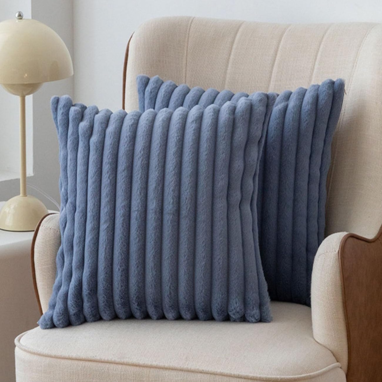 SWJ-swjssb Set Of 2 Faux Fur Plush Throw Pillow Covers 18x18, Fluffy Striped Pillowcase Square Cushion Covers 18 X 18 20x20 Inches For Sofa Couch Bed Pillow Case(Elegant Blue,50x50 cm Set of 2)