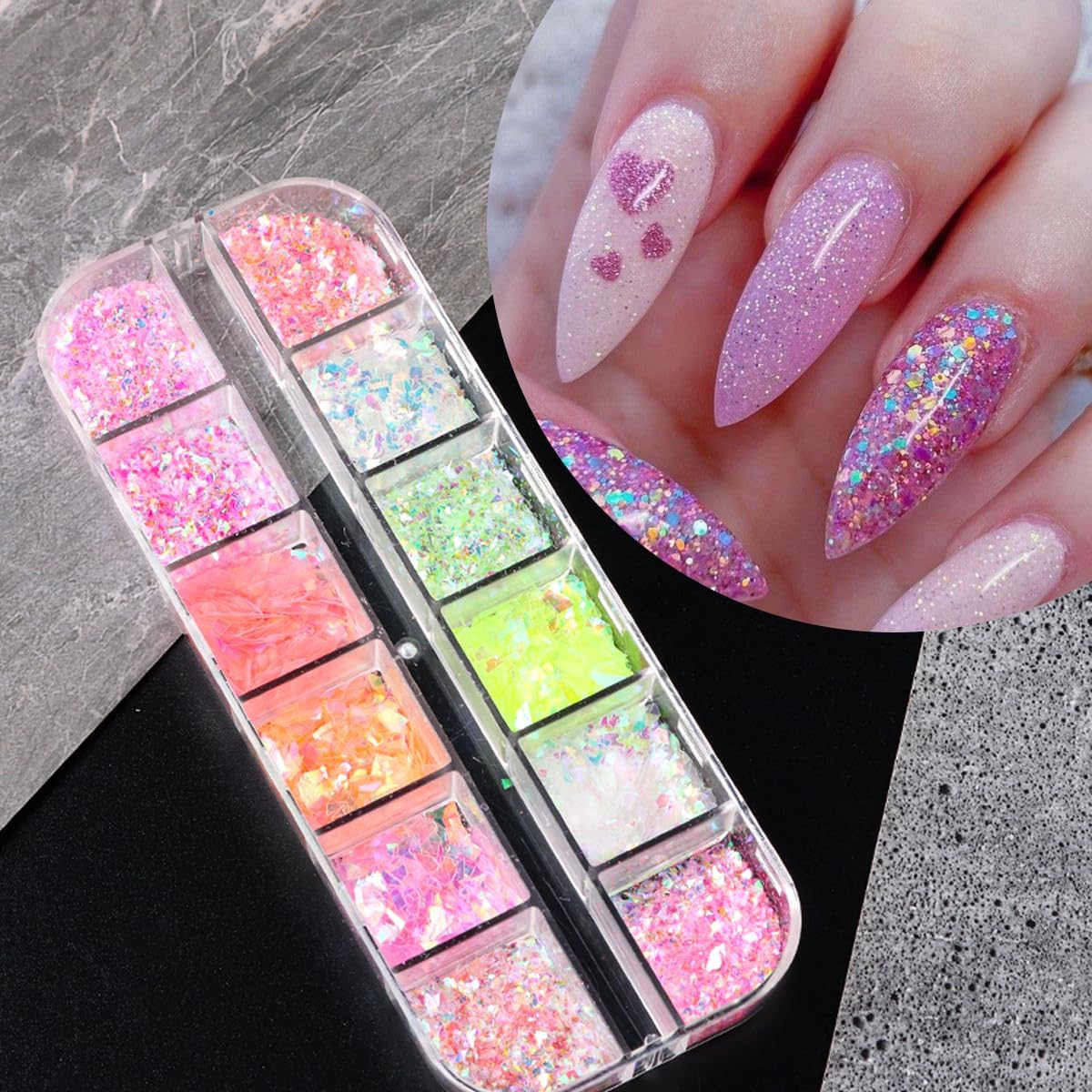 12 Colors Mermaid Nail Art Glitter Sequins Iridescent Ice Slag Nail Glitter Flakes Ultra Thin Nail Art Designs 3D Holographic Nail Sequins for Nail Art Supplies Manicure Decoration Accessories - Image 2