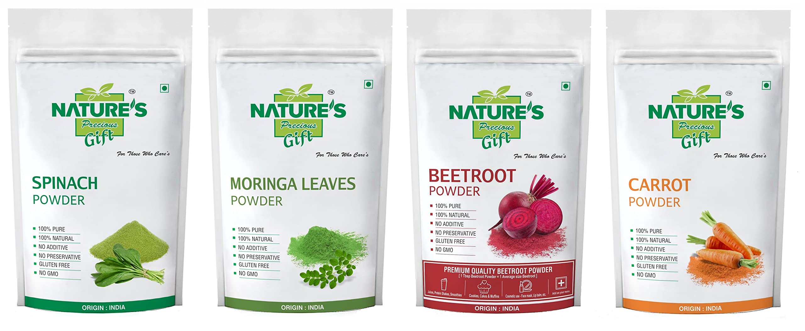 NATURE'S Precious Gift - Spinach, Moringa, Beetroot & Carrot Powder Super Saver Combo Pack - 100 GM Each