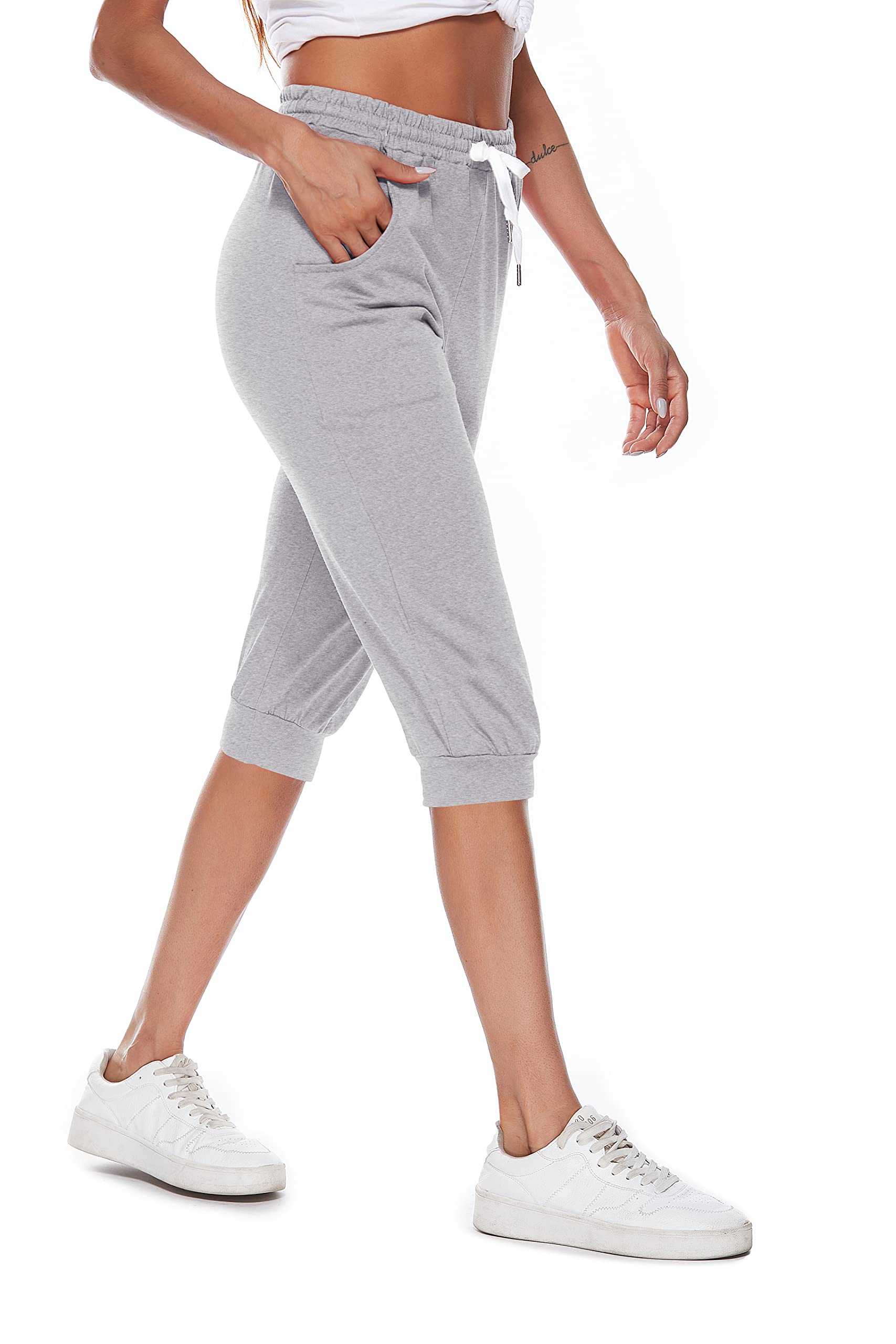 Pantalones de chándal para mujer, pantalones deportivos 3/4, de verano, algodón, pantalones capri, pantalones de deporte, fitness, yoga, pantalones con bolsillo