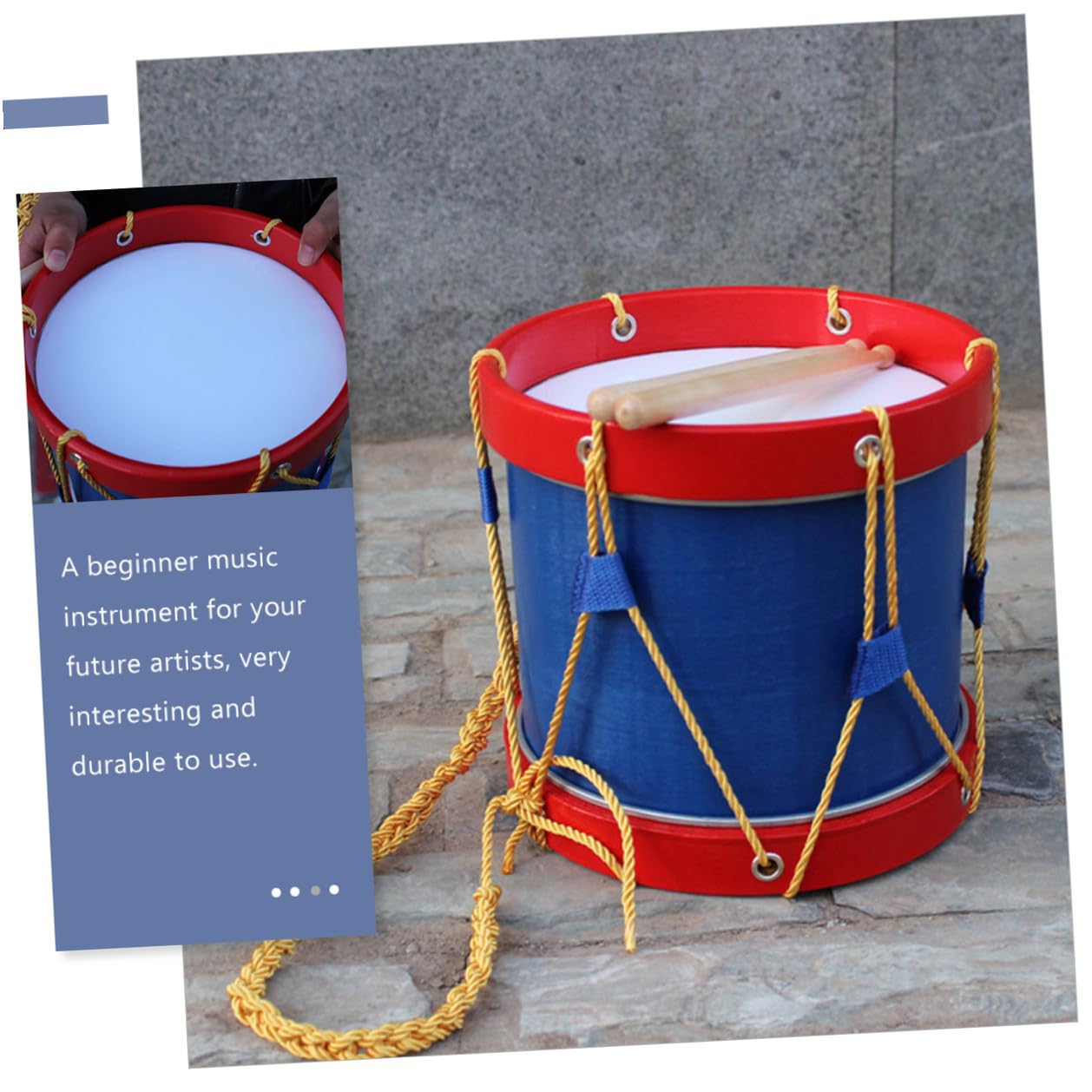 Mikikit Caja de Percusión Infantil con Baquetas, Tamborcito Pequeño de Piel, Instrumento Musical Educativo y Portátil para Desarrollo Rítmico y Aprendizaje Musical, Juguete Seguro
