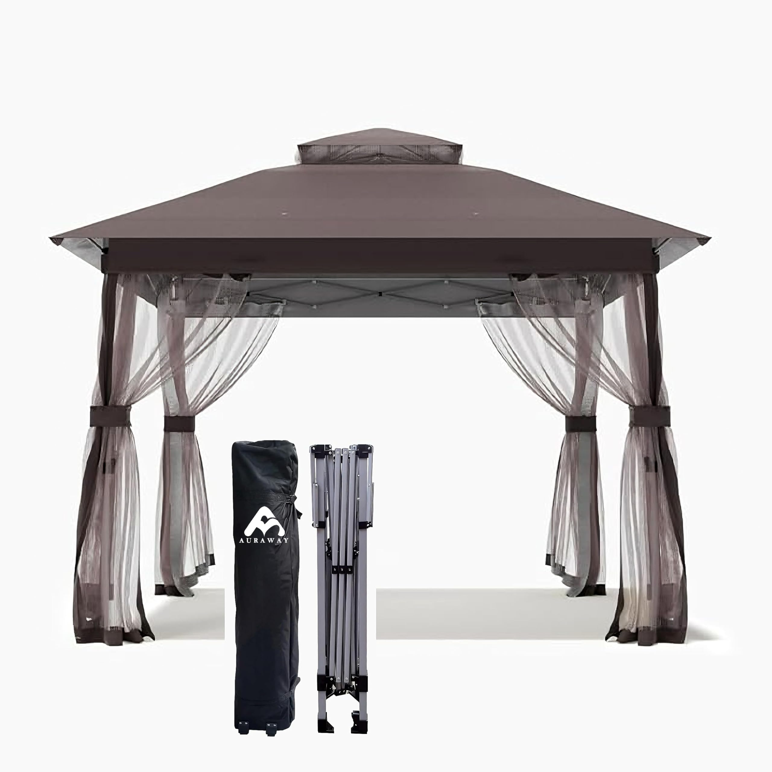 GARTOO 13'X13' Instant Pop-Up Gazebo with Mosquito Net & Waterproof Curtain - Double Roof Outdoor Patio Gazebo Canopy for Garden, Camping, Beach, Backyard (Chocolate)