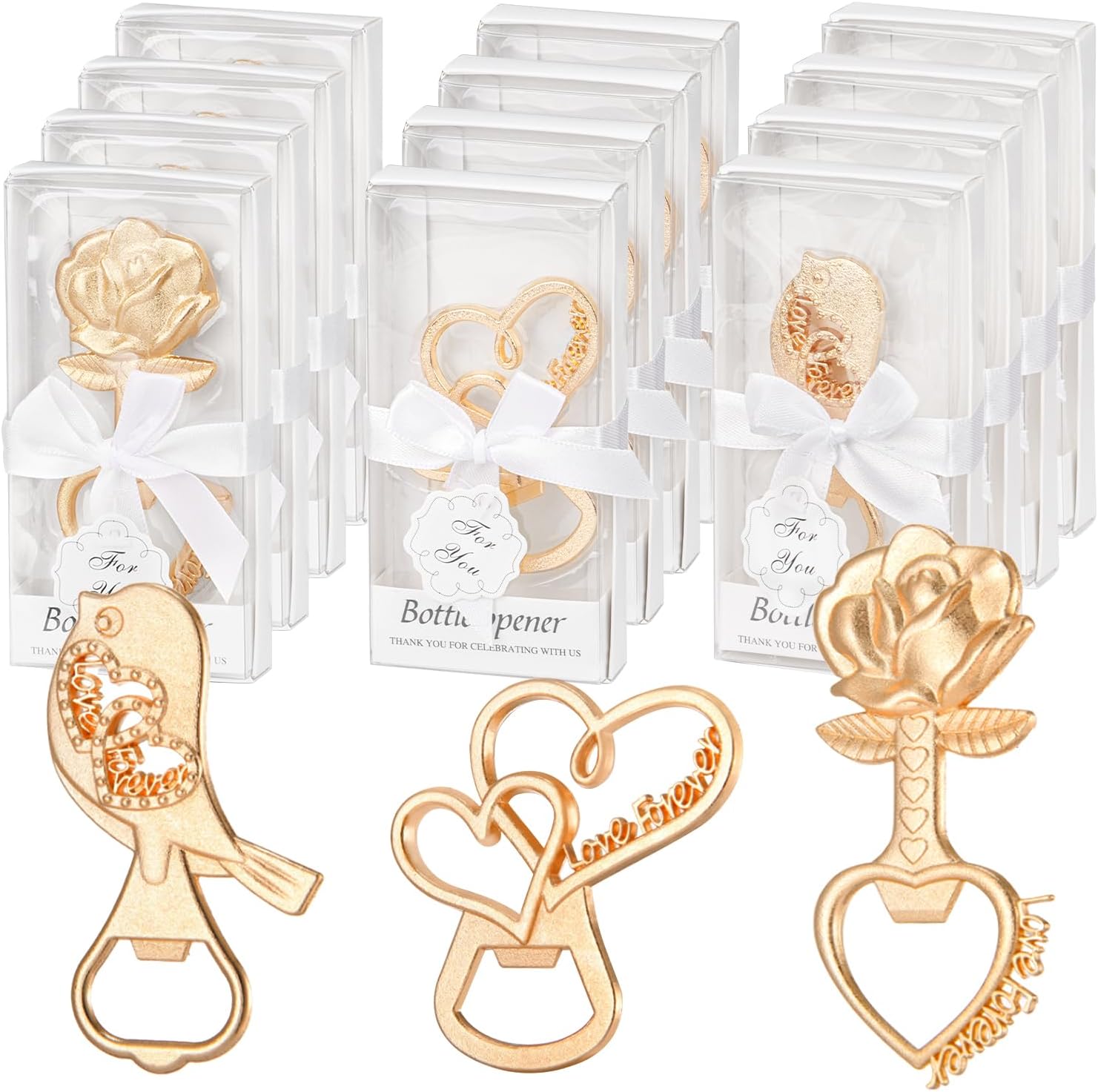 24Pcs 3 in1 Wedding Party Favor Bottle Openers for Guests, Double Heart Rose Flower Lovebirds Bottle Openers with Gift Box, for Bride Shower Decor Engagement Souvenirs Anniversary Supplies