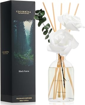 COCORRINA Reed Diffuser - Black Forest Scent, 6.76 fl oz Essential Oil with 8 Reed Sticks - Home Fragrance for Bedroom Bathroom Shelf Decor