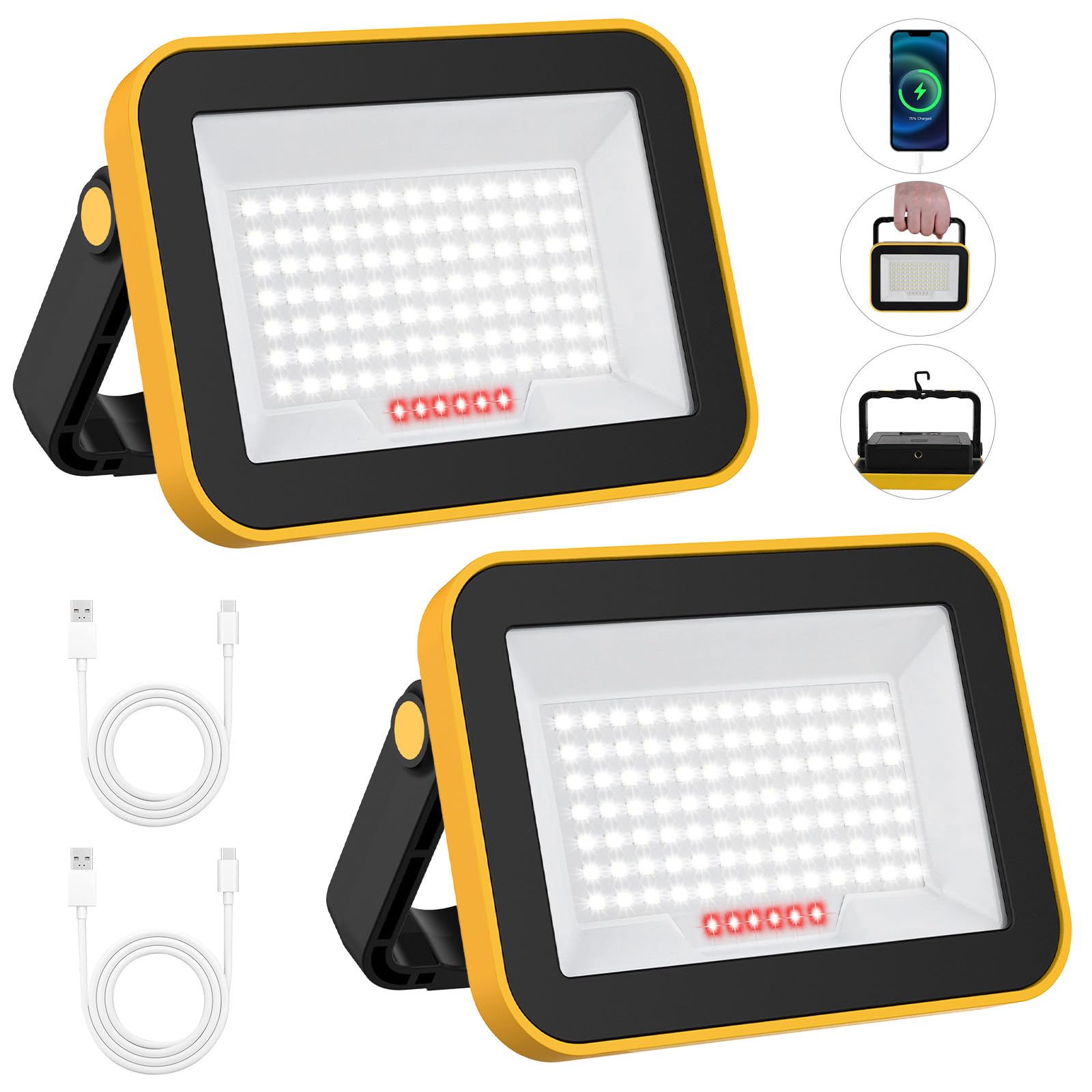 2 Pack Work Light Portable SMD LED Super Bright Rechargeable Flood Light Working Lamp Stand USB Cordless Battery Powered Worklight Tool for Outdoor