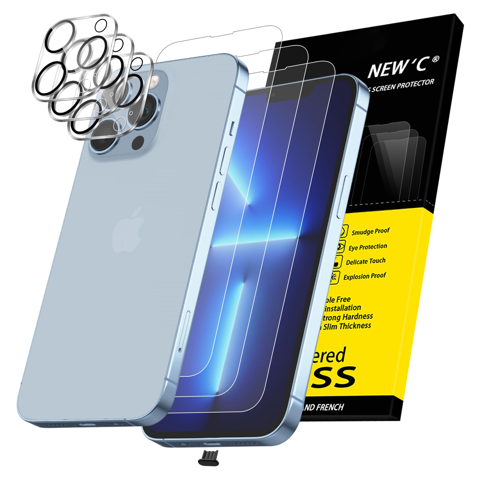 NEW'C 3x for iPhone 13 Pro Screen Protector (6.1 inches)+ 3x Camera Lens Protector, Sensor Protection + Dust Plug - Case Friendly Tempered Glass Film, Ultra Resistant