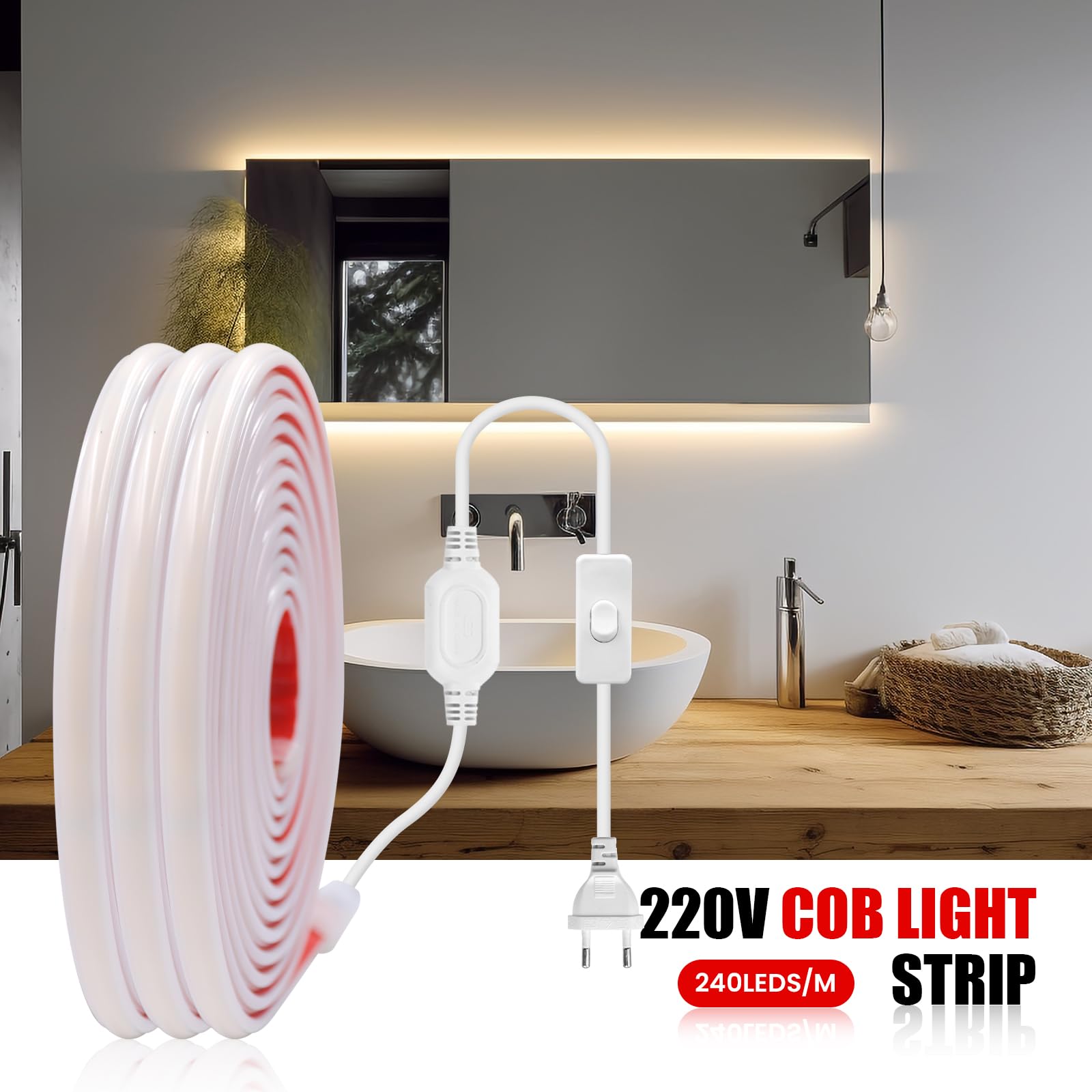 Anschluss an AC220-240V COB Streifen Selbstklebend mit ON/OFF Schalter, 50M 240LEDs/m Superhell Flexible FCOB LED Band (Schnitt alle 10cm), IP65 Warmweiß LED Leuchtband für Weihnachten