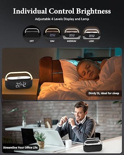 Miniatura 6 de COLSUR Altavoz Bluetooth con cargador inalámbrico, radio FM, luz nocturna LED regulable, sonido estéreo, altavoces inalámbricos duales, altavoz