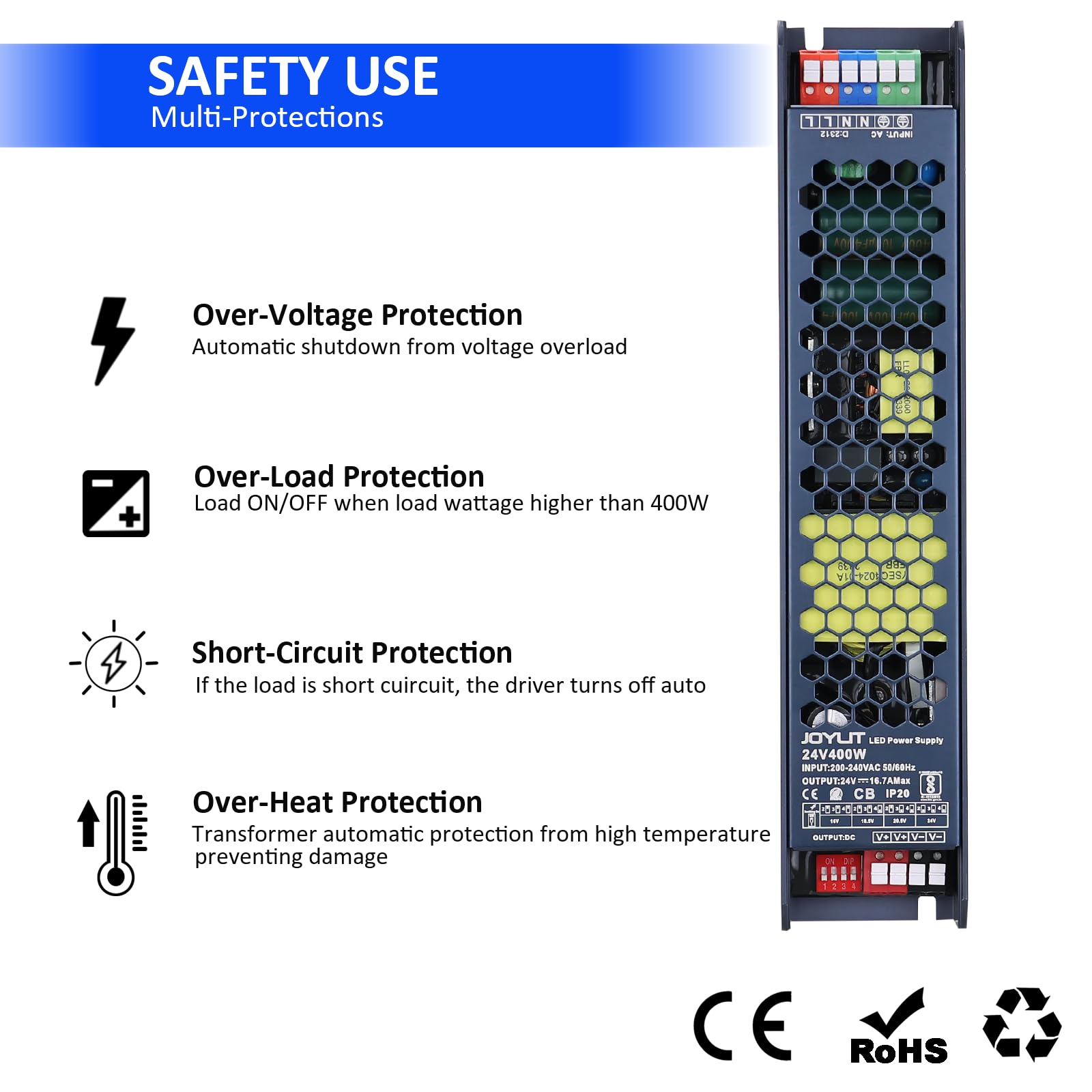 JOYLIT Fuente de Alimentación Profesional 24V 400W, Ultrafino Transformador 200-240V a 24V 16.7A, Driver LED de Bajo Voltaje de Funcionamiento Silencioso para Tiras LED (Salida 16V/18.5V/20.5V/24V)