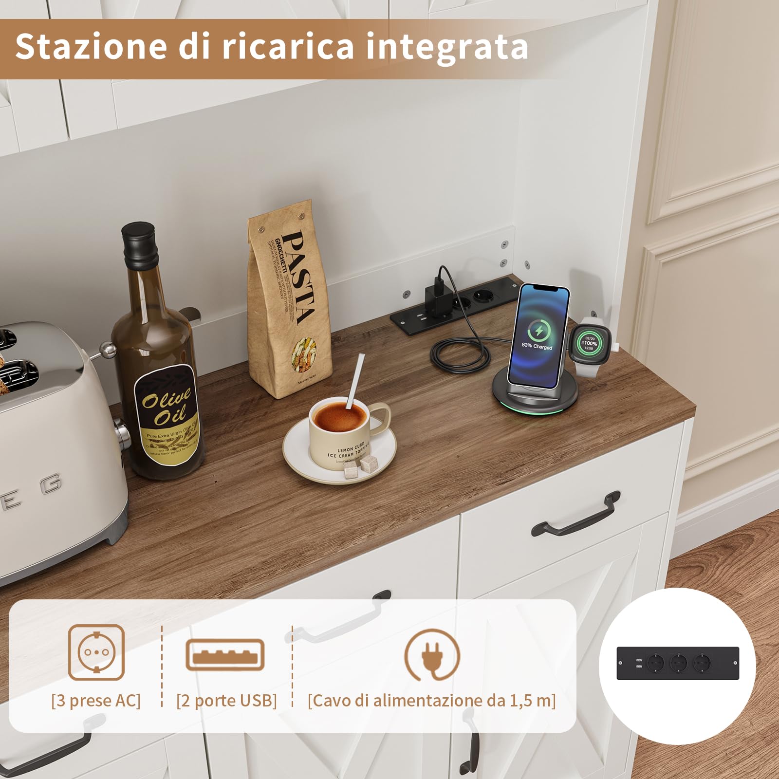FUSOU Armadio da cucina con ciabatta multipresa, 180 cm, con piano di lavoro, 3 cassetti e 4 ante, armadietto alto da cucina in stile rustico, autoportante, per sala da pranzo, bianco