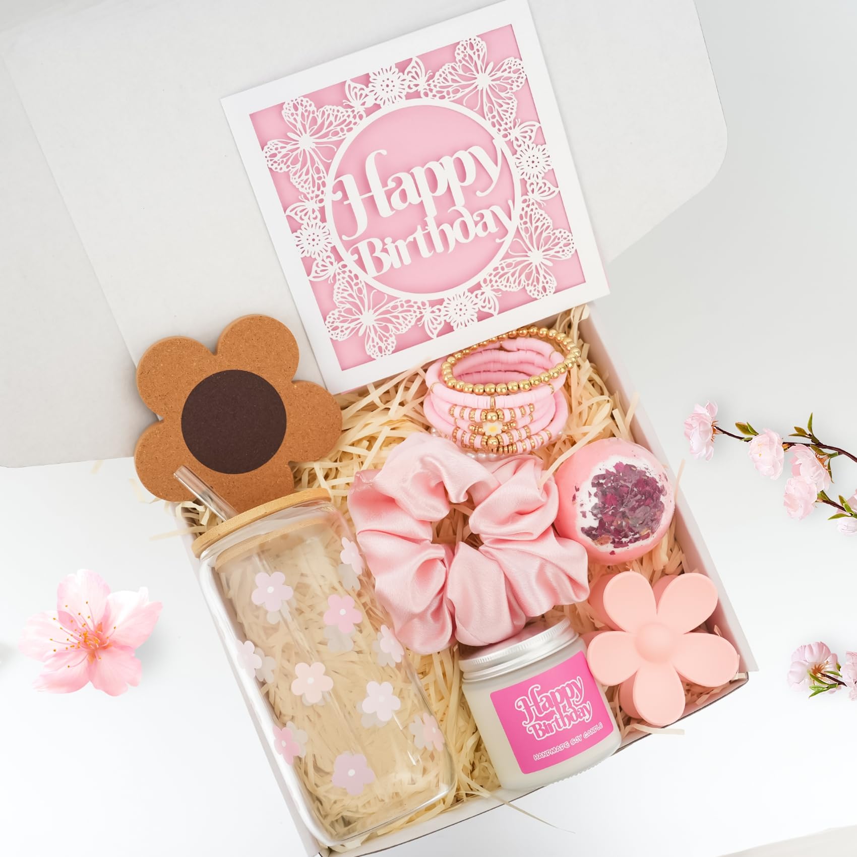 Ndahjahd Birthday Gifts for Teen Girls Women,Teenage Girls Basket Gift Sets for Teen Girls,Happy Birthday Box for Teenage Daisy Glass Cup Set for