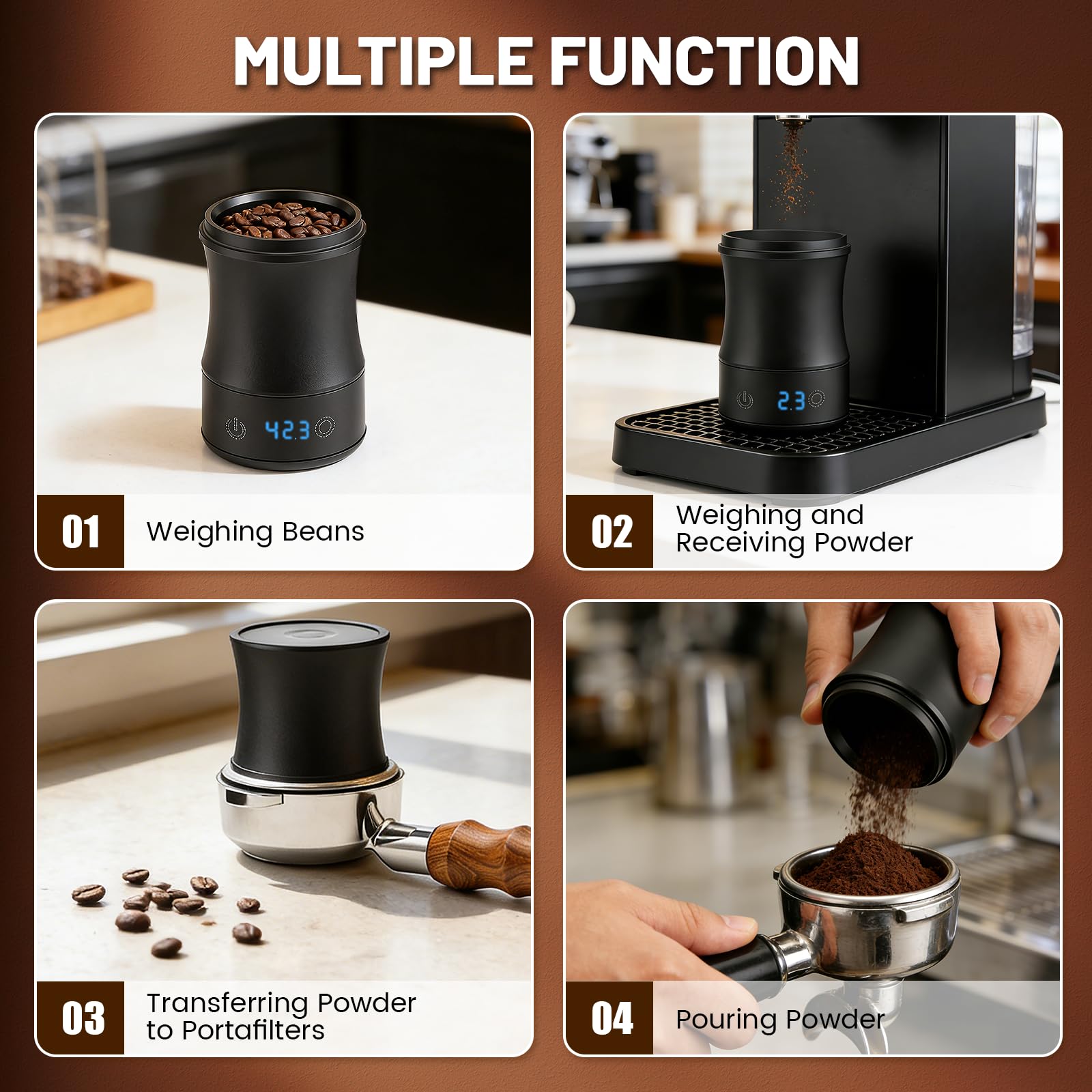 Bilancia da Caffè Espresso – Coffee Scale con Doseur 53 mm, Bilancia Digitale Ricaricabile USB‑C, Precisione 0,1 g / 500 g, Design Split, Accessorio Barista Compatto per Professionisti e Appassionati