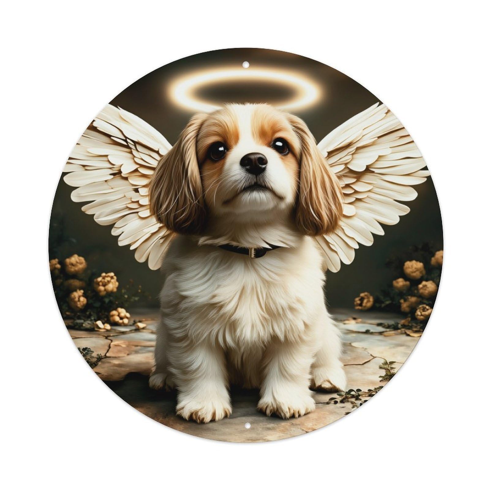 Angel Dog With Wings And Halo Round Tin Sign Vintage Metal Poster, Home Bar Garage Man Cave Cafe Indoor & Outdoor Wall Decoration 8x8Inches