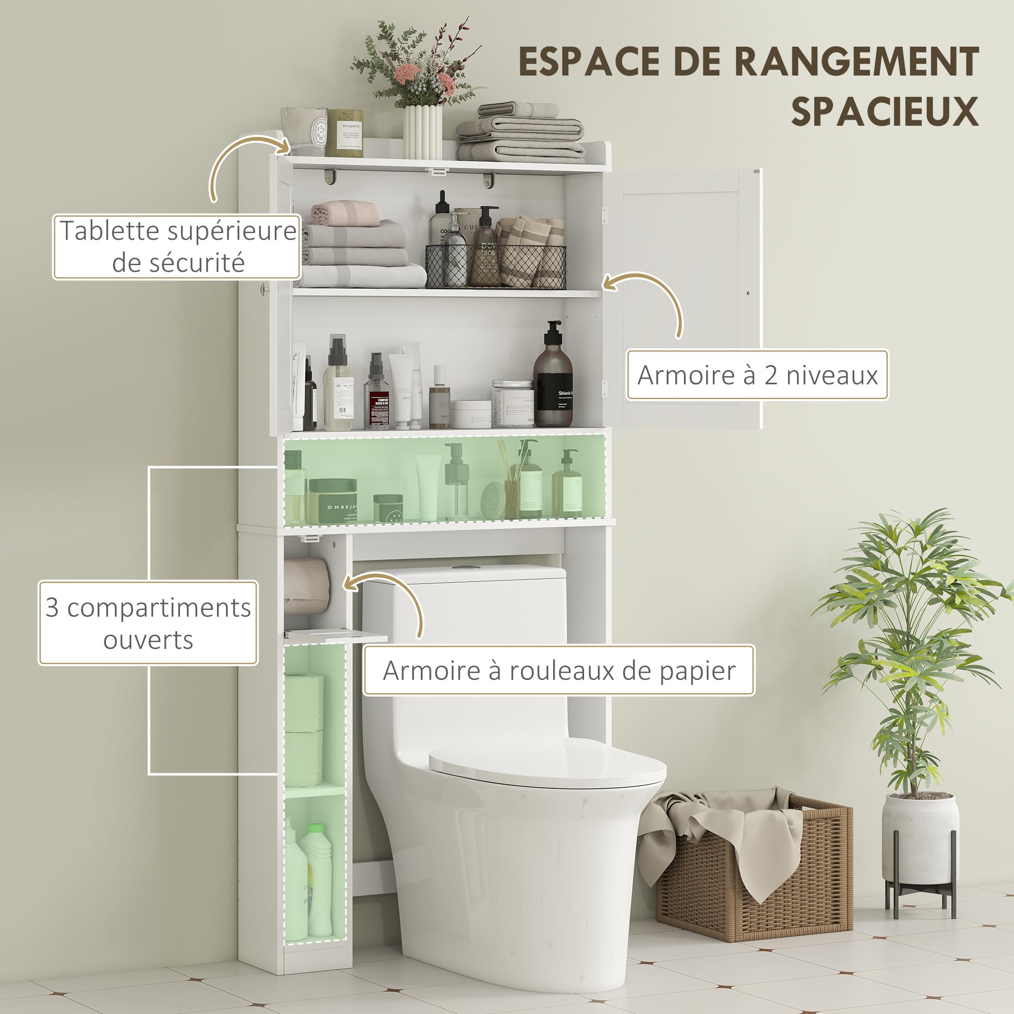 HOMCOM Mobiletto sopra il WC o la lavatrice, armadietto sopra il WC con 2 ante, 3 scomparti aperti, ripiano regolabile, porta carta igienica, 80 x 19,5 x 170 cm, bianco