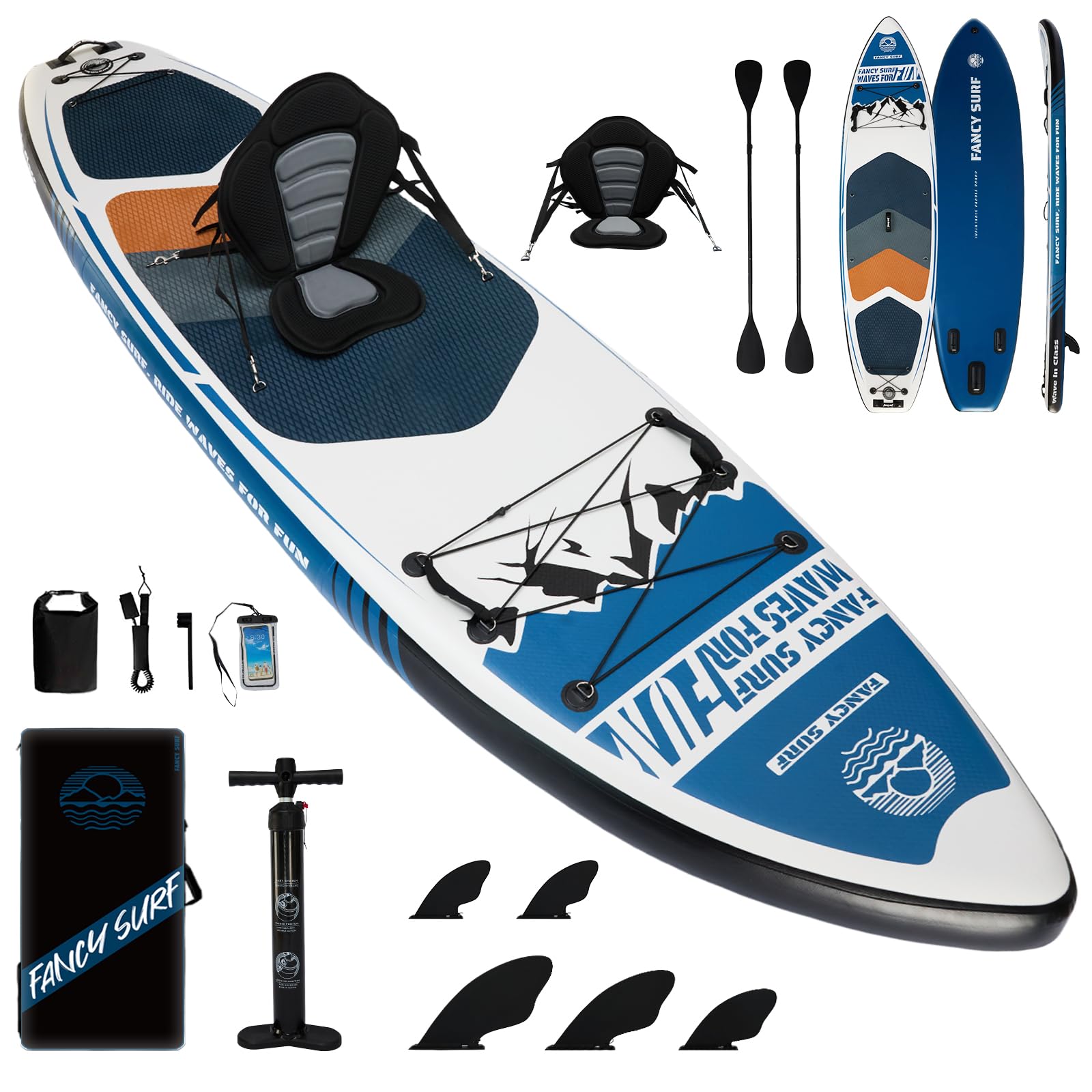366cm x 90cm Aufblasbares Stand Up Paddling Board mit Kajaksitz, 250kg Sup Paddle Board for Adults with Pump, Fins, Backpack, Accessories & Waterproof Phone Pouch for Fishing, Yoga, Touring
