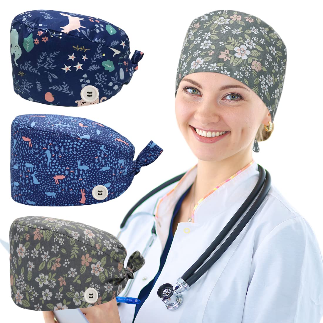 DANMYAdjustable Working Caps,Man Women Working Caps,Bouffant Hats with Buttons,Head Cover Working Caps