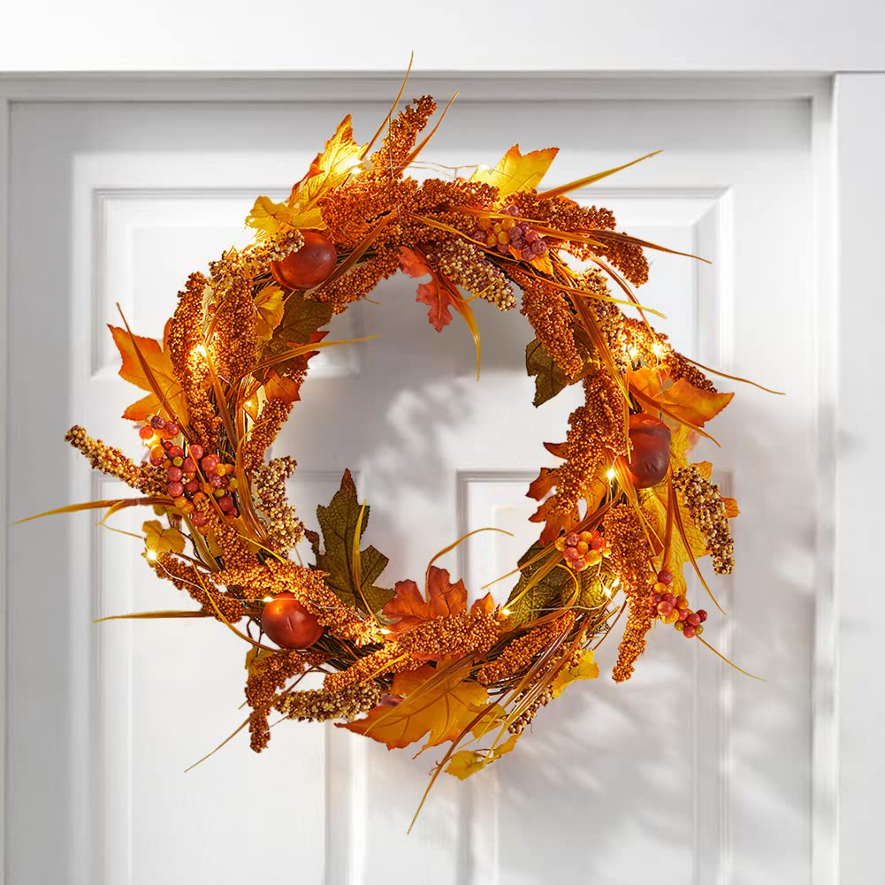 Warmiehomy 50cm Artificial Autumn Wreath with LED Light, Maple Leaves Wheatear Berries Harvest Hanging Garland Decoration for Wall Front Door Halloween Thanksgiving Party