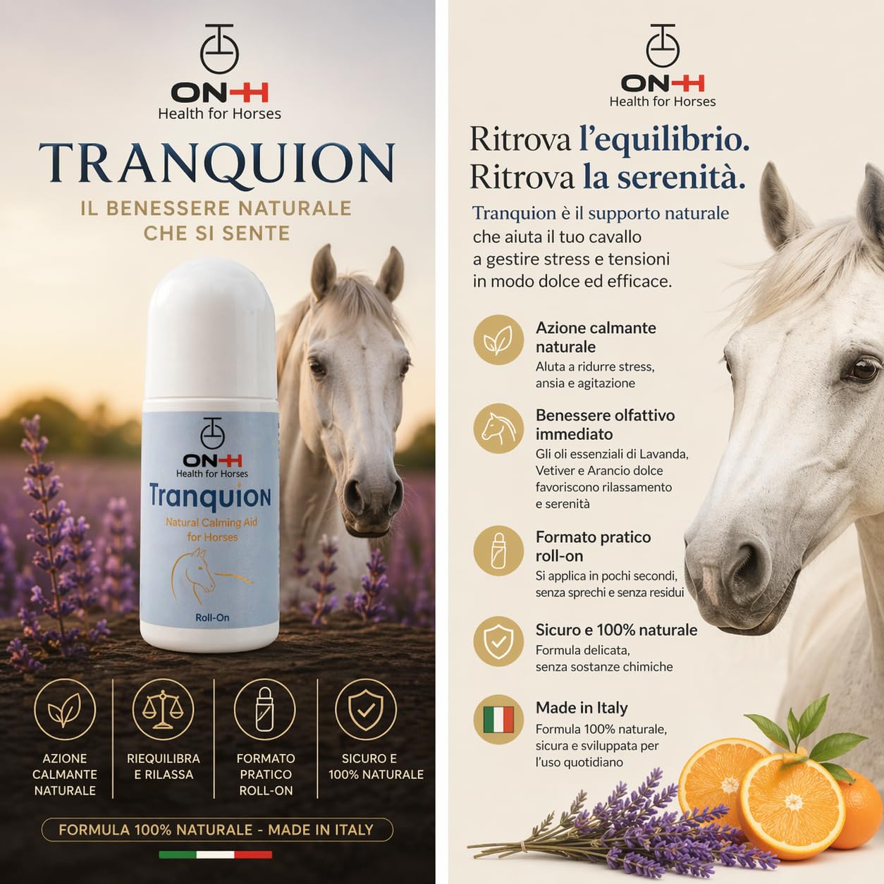 ON-H TranquiON Roll-On per Cavalli | Gel Rilassante Naturale Antistress | Applicazione Localizzata - Ideale Prima di Trasporto, Gara e Lavoro | azione Calmante senza Sedazione | Uso Quotidiano