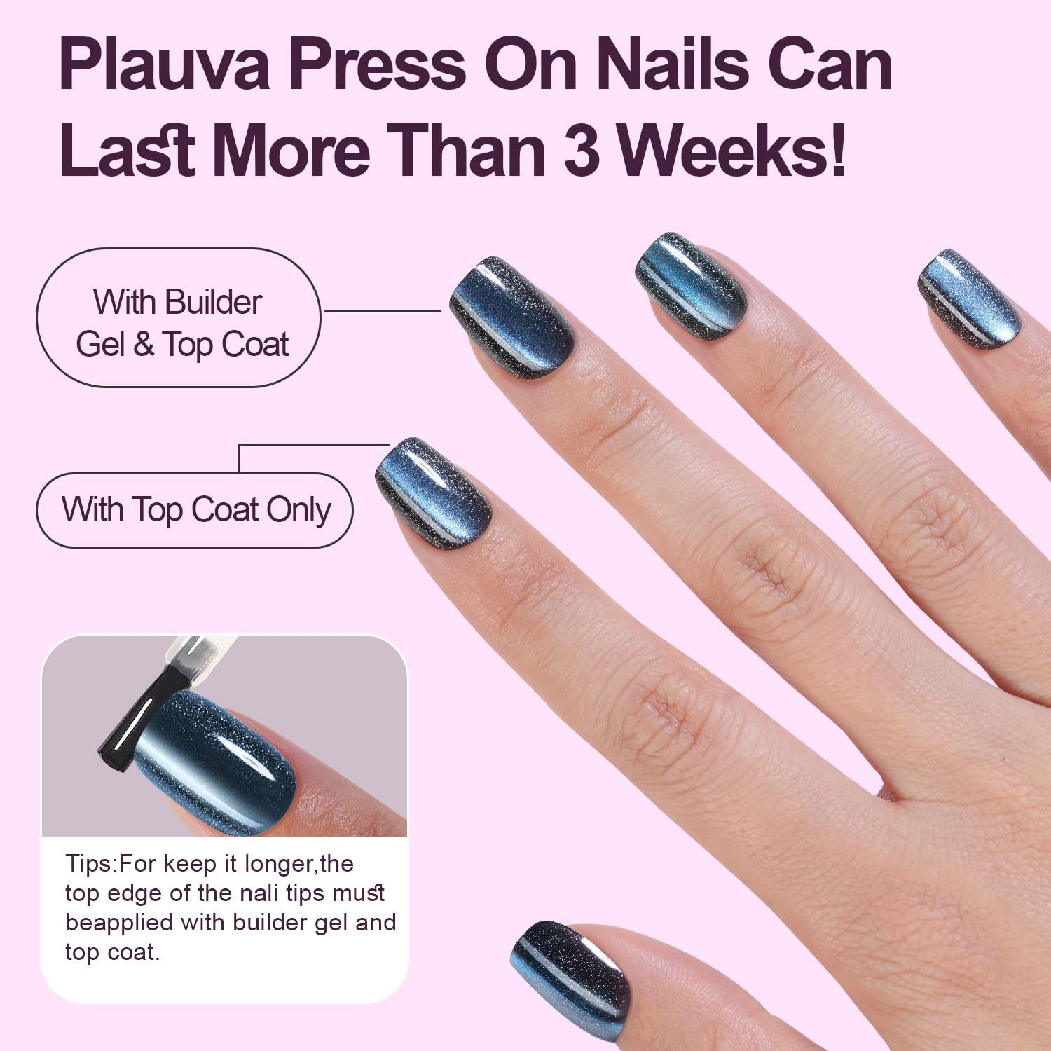 Plauva - 150 uñas postizas cuadradas cortas de gel suave, uñas postizas de ojo de gato con purpurina brillante para mujeres y niñas, 15 tamaños