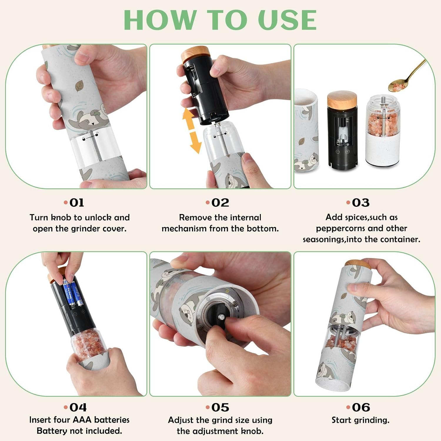 ALAZA Electric Pepper Grinder with Adjustable Coarseness, Otter Leaves Pattern Battery Automatic Salt and Pepper Mill with Led, One-Handed Operation Spice Grinder for Kitchen, Camping & BBQ