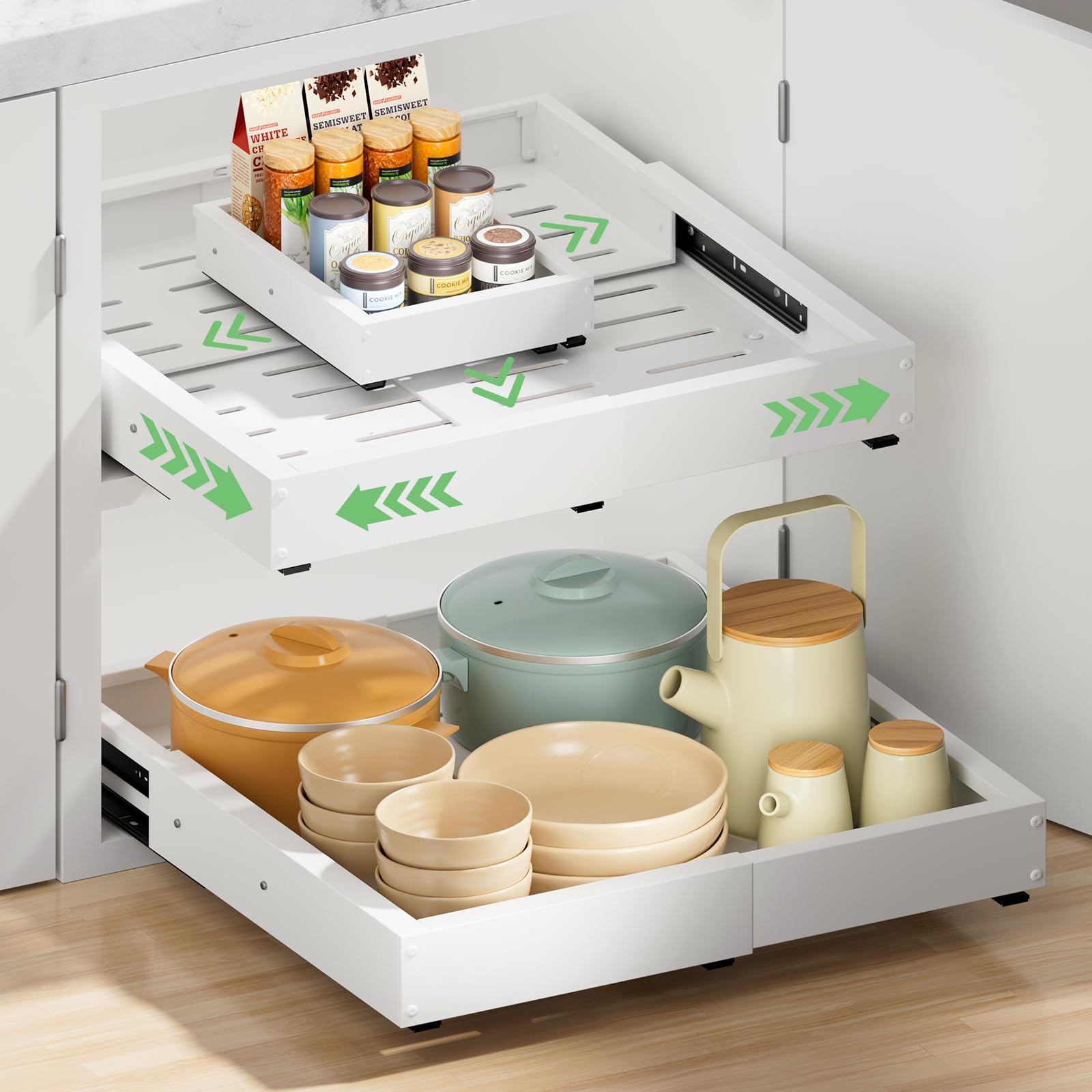2 Pack Pull out Cabinet Organizer, Width (12"-19") Depth (16"-22"), with 3 Rails Adjustable Slide, Expandable Pullout Drawers for Cabinets, No Drill Adhesive Kitchen Drawers for Pantry Shelves
