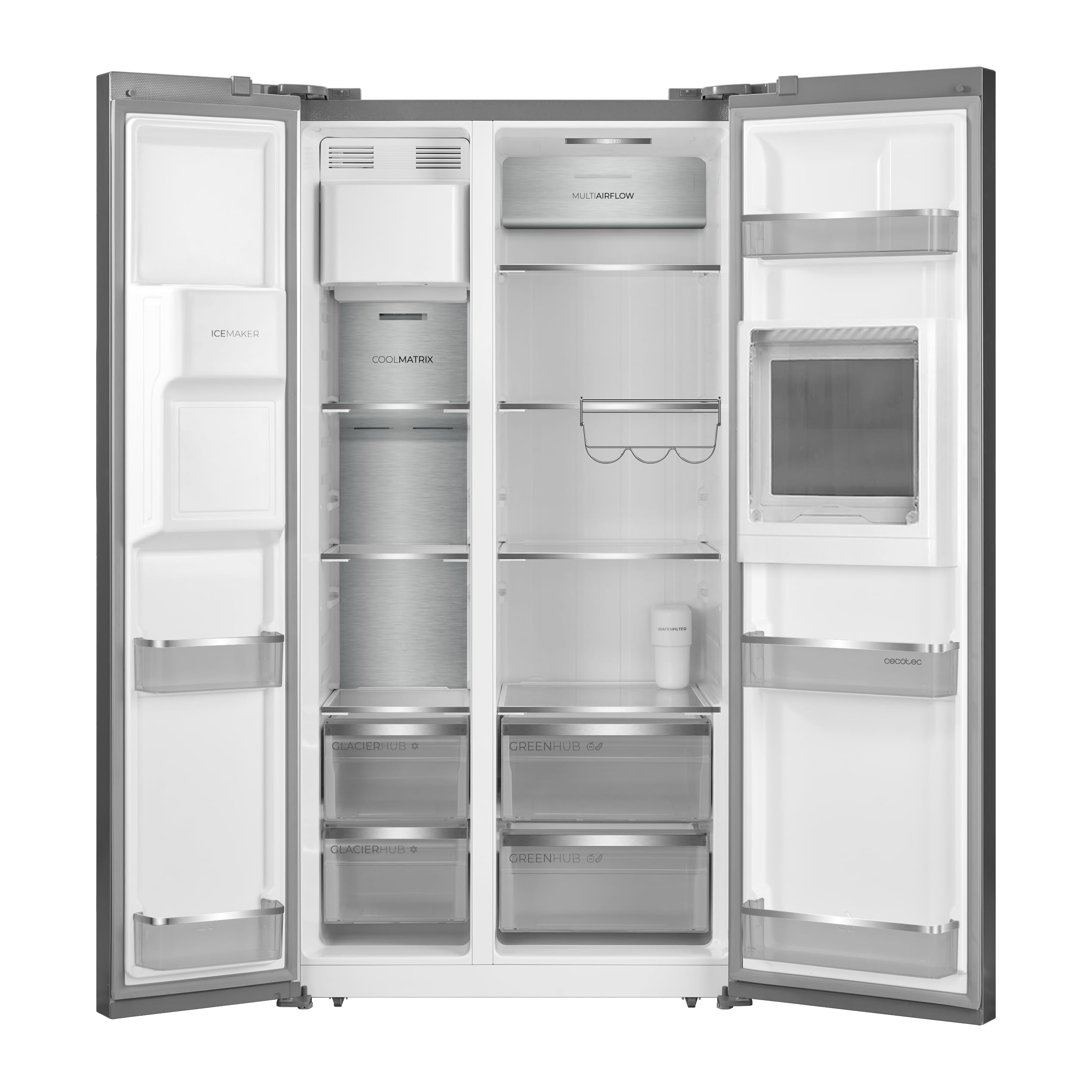 Cecotec Bolero CoolMarket SBS 551 WD Inox Réfrigérateur Américain No Frost 551 L 176 cm 90 cm Classe E Distributeur d'Eau FastFreezing FastCooling Ultra Silencieux