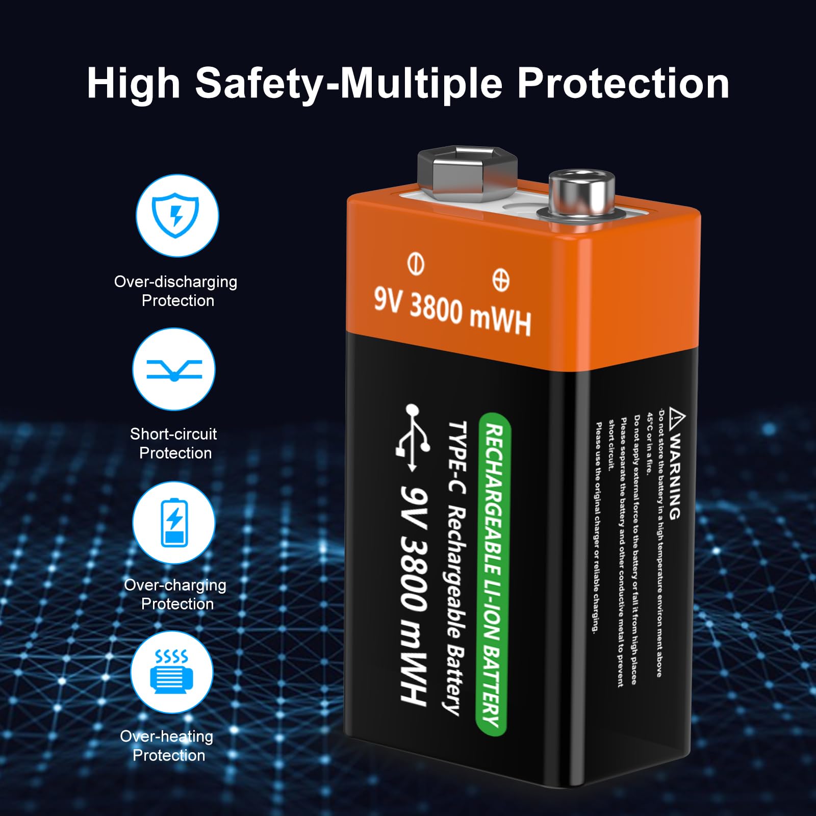 Lot de 6 batteries rechargeables 9 V 3800 mWh 9 V au lithium haute capacité pour détecteurs de fumée, microphones, systèmes d'alarme, jouets, lampes de poche, appareils médicaux, etc