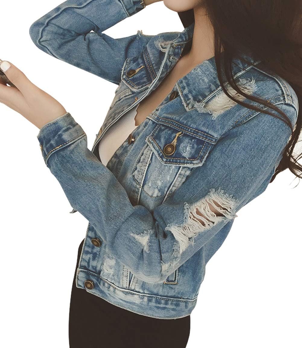 JudyBridal Womens Ripped Jean Jacket Juniors Button Vintage Petite Denim Jacket Blue M