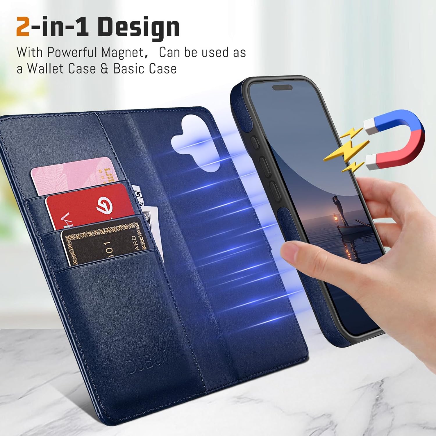 DJBull 2-in-1 Detachable Wallet Case for iPhone 16 6.1" RFID Blocking Flip Folio with Card Holder | PU Leather Shockproof Protective Cover Women Men for Apple 16 Phone Case Blue