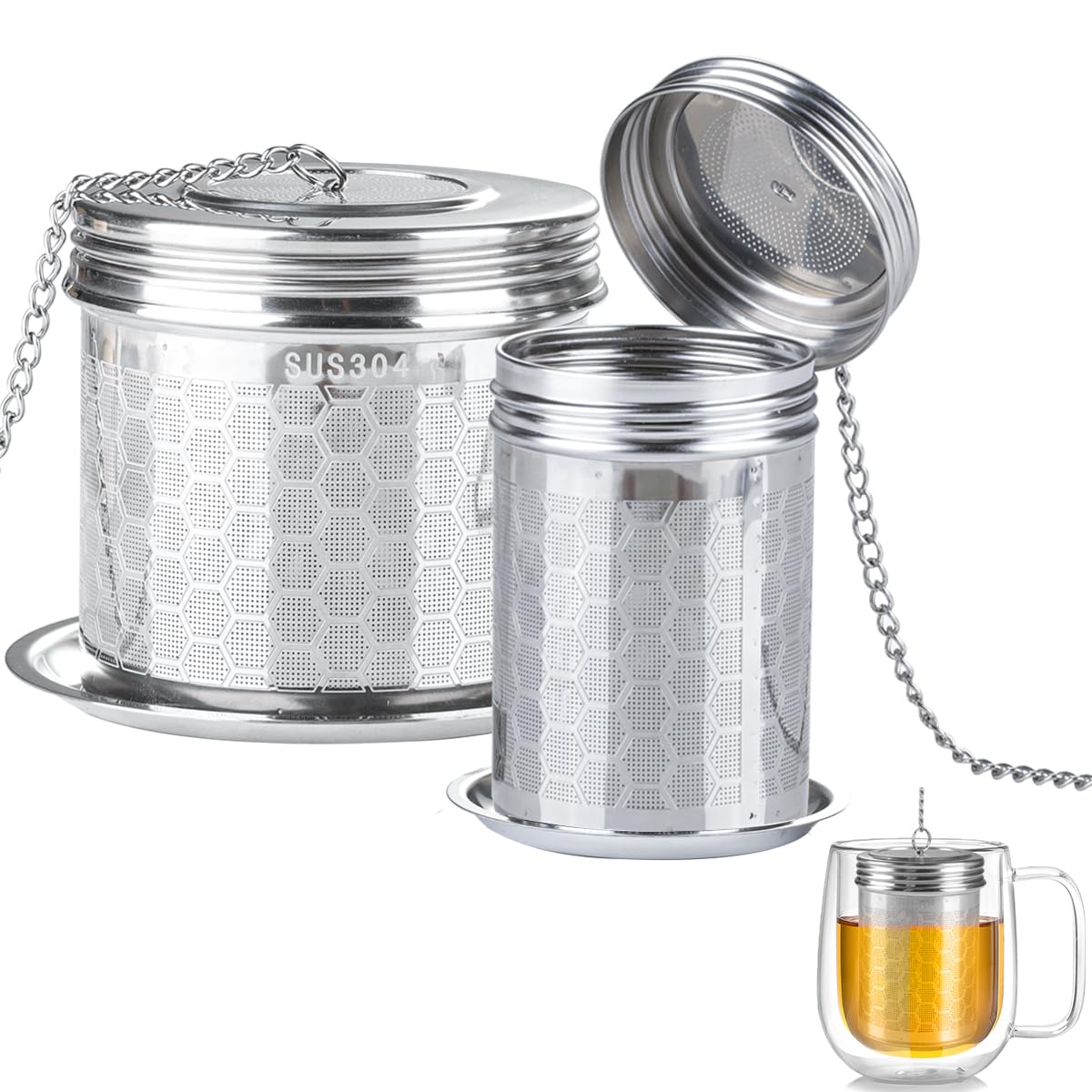 2Pack Tea Infuser Tea Strainer for Loose Tea, Stainless Steel Tea Ball with Chain Hook and Drip Tray, Extra Fine Mesh Tea Filter for Brew Tea, Spices & Seasonings (Two Size)