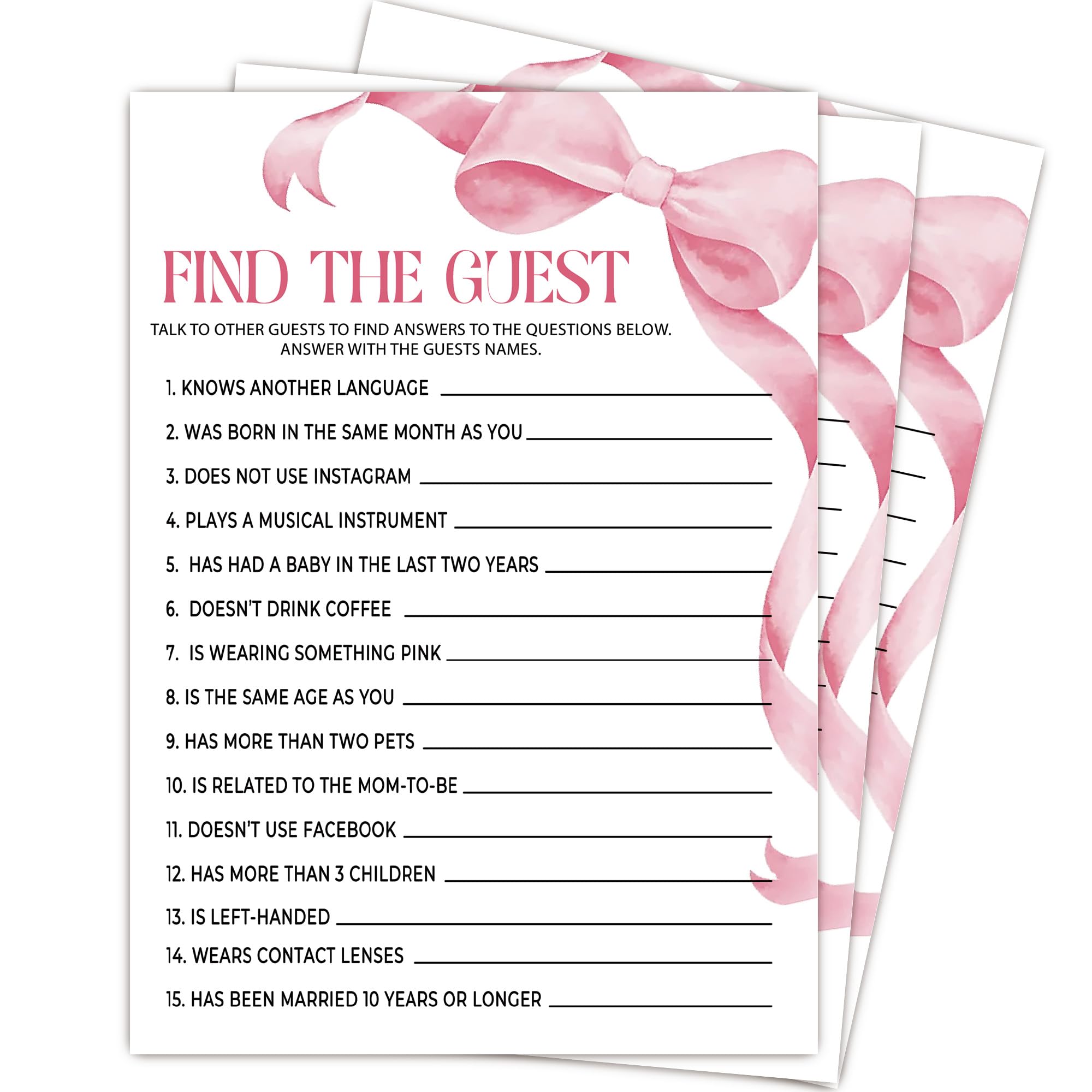 MXLINSW Pink Baby Shower Games for Girl, Find The Guest Game Cards, 25 Gender Neutral Cards, Pink Bow Gender Reveal Party Supply Kit, Baby Shower