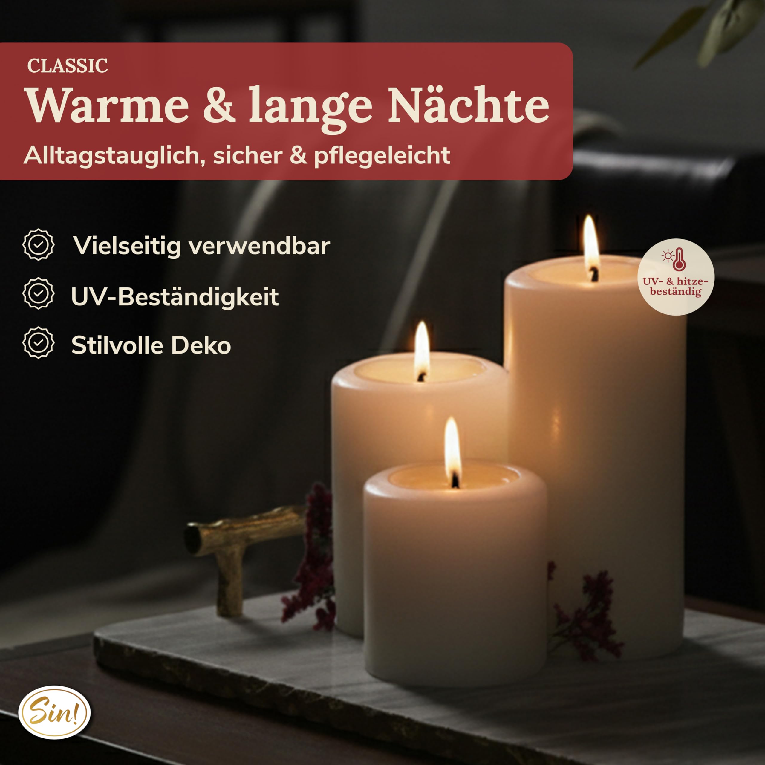 Sin!® 4er Set Teelichthalter & Dauerkerze Classic Ø 6cm H 6/8/10/12cm weiß - Die Kerze die Nicht schmilzt! Kunststoff-Kerze mit Teelichteinsatz (Made IN Germany) Teelicht-Kerzenoptik selbstlöschend