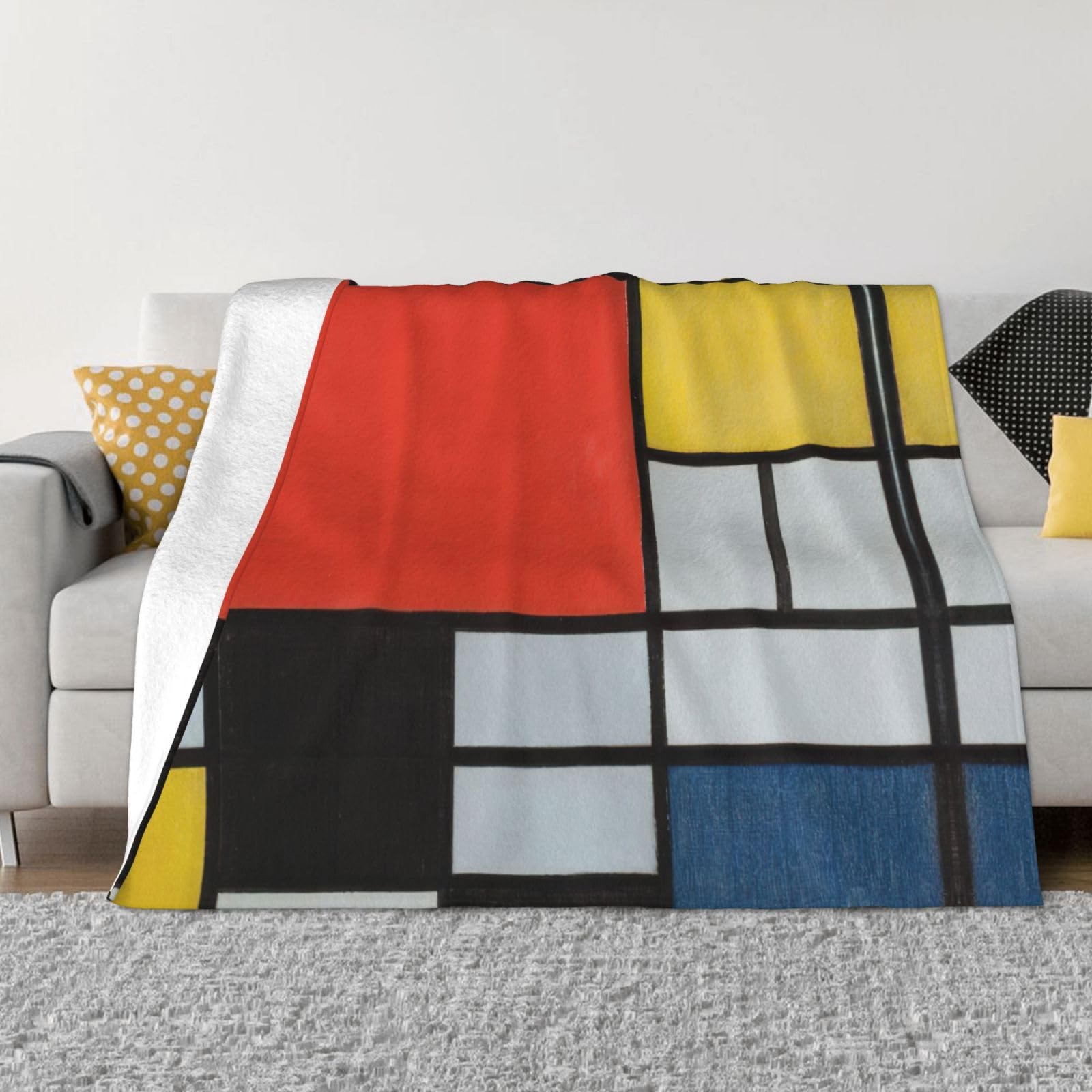 Couverture flanelle EdWal 150x127 cm imprimé rouge jaune bleu noir légère pour lit et canapé