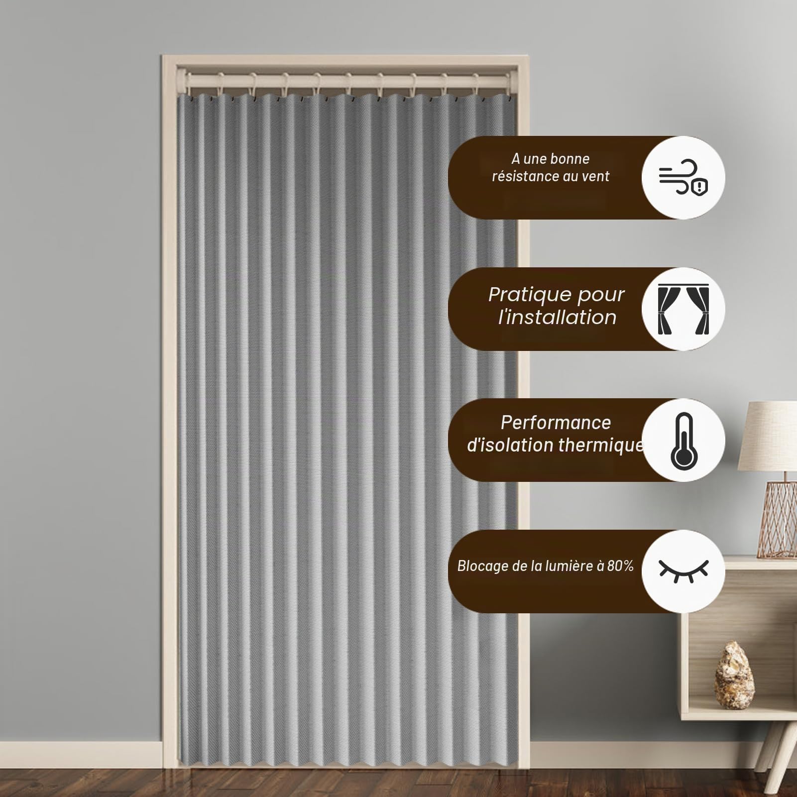 Rideaux Occultants Porte Interieur Lot de 1, Gris, 80x200cm | Rideau Separation Entrée Pliant Thermique Anti Froid pour Salon et Cuisine, 220g/m²