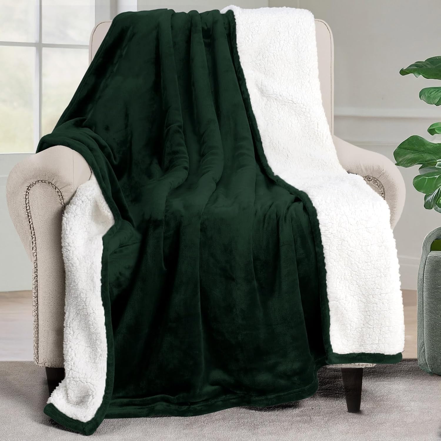Utopia Bedding Sherpa Blanket Throw Size (Forest Green, 50x60 Inches) - Soft Lightweight Plush Fleece Reversible Blanket for Bed, Sofa, Couch, Camping and Travel