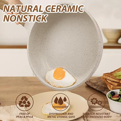 Miniatura 2 de Sartén antiadherente de cerámica, sartén antiadherente de aluminio con mango suave al tacto, sartén de 8 pulgadas (8 pulgadas, blanco crema)