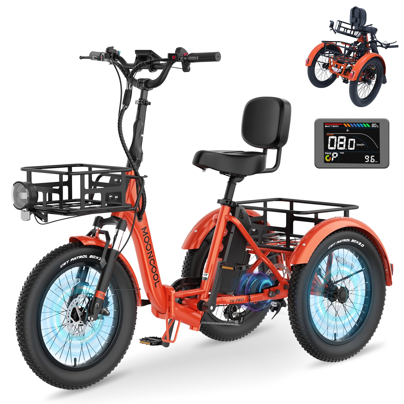 MOONCOOL Electric Tricycle for Adults, 500W/750W 48V Folding Electric Trike Peak Power 1100W, 20"x3.0" Fat Tire 3 Wheel Ebike, Aluminum Adult Tricycle