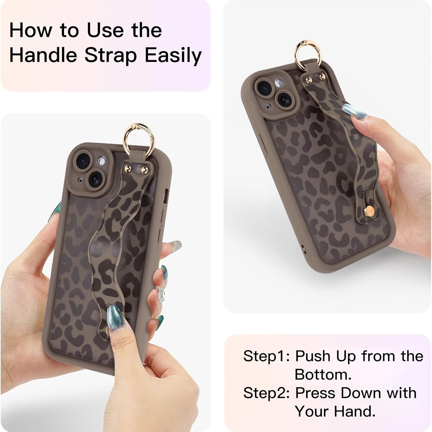 Compatible with iPhone 14 Plus Case with Finger Hand Strap for Girls Women, Cute Leopard Cheeath Phone Case with Wristband Kickstand, Durable Silicone Protective Cover, Brown Leopard - Image 4