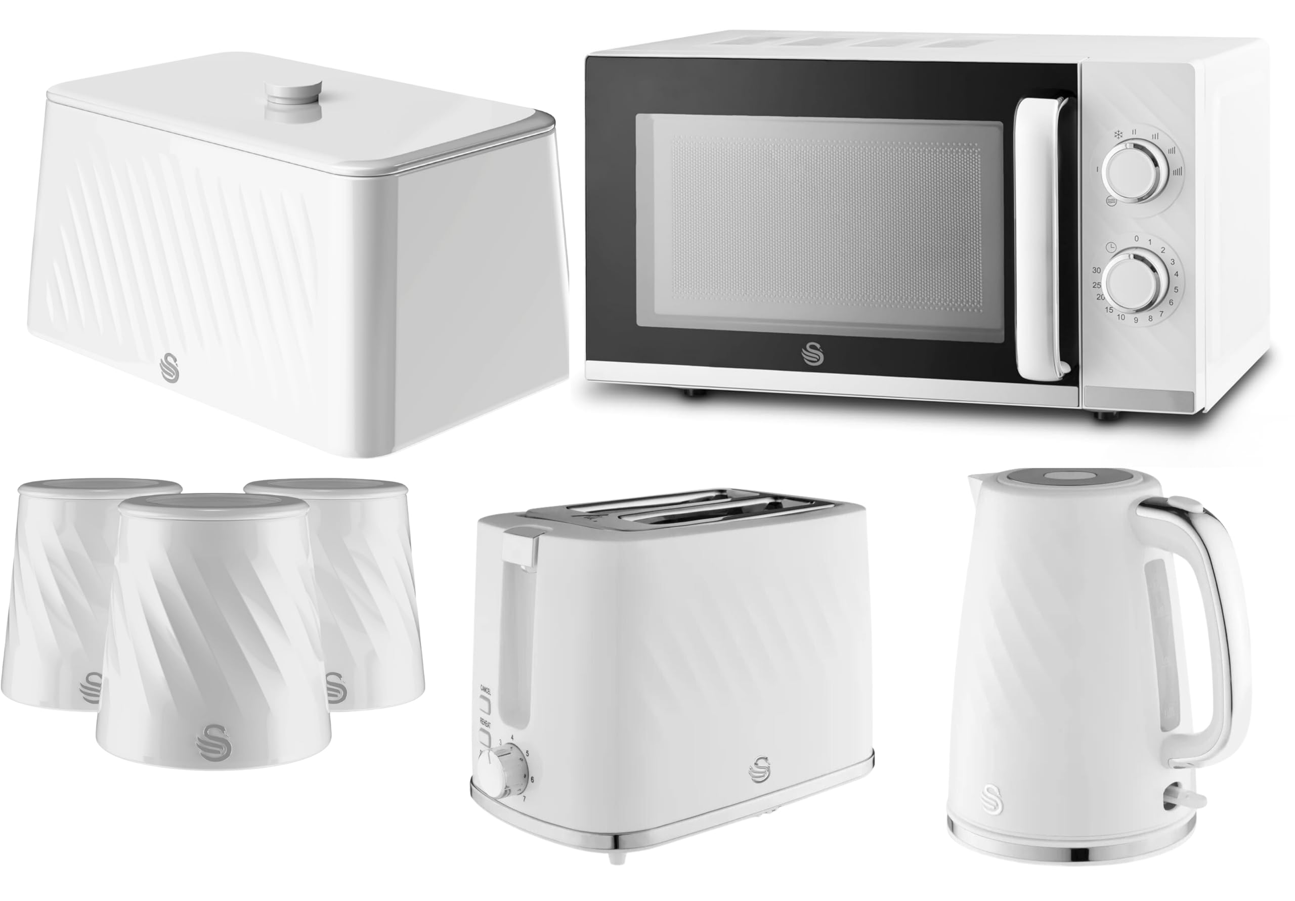 Swan Windsor White 7 Piece Kitchen Appliance & Storage Set – 1.7L 3KW Kettle, 2 Slice Toaster, 20L 800W Microwave, Bread Bin & Canisters Bundle Set – Textured Gloss Finish with Chrome Accents