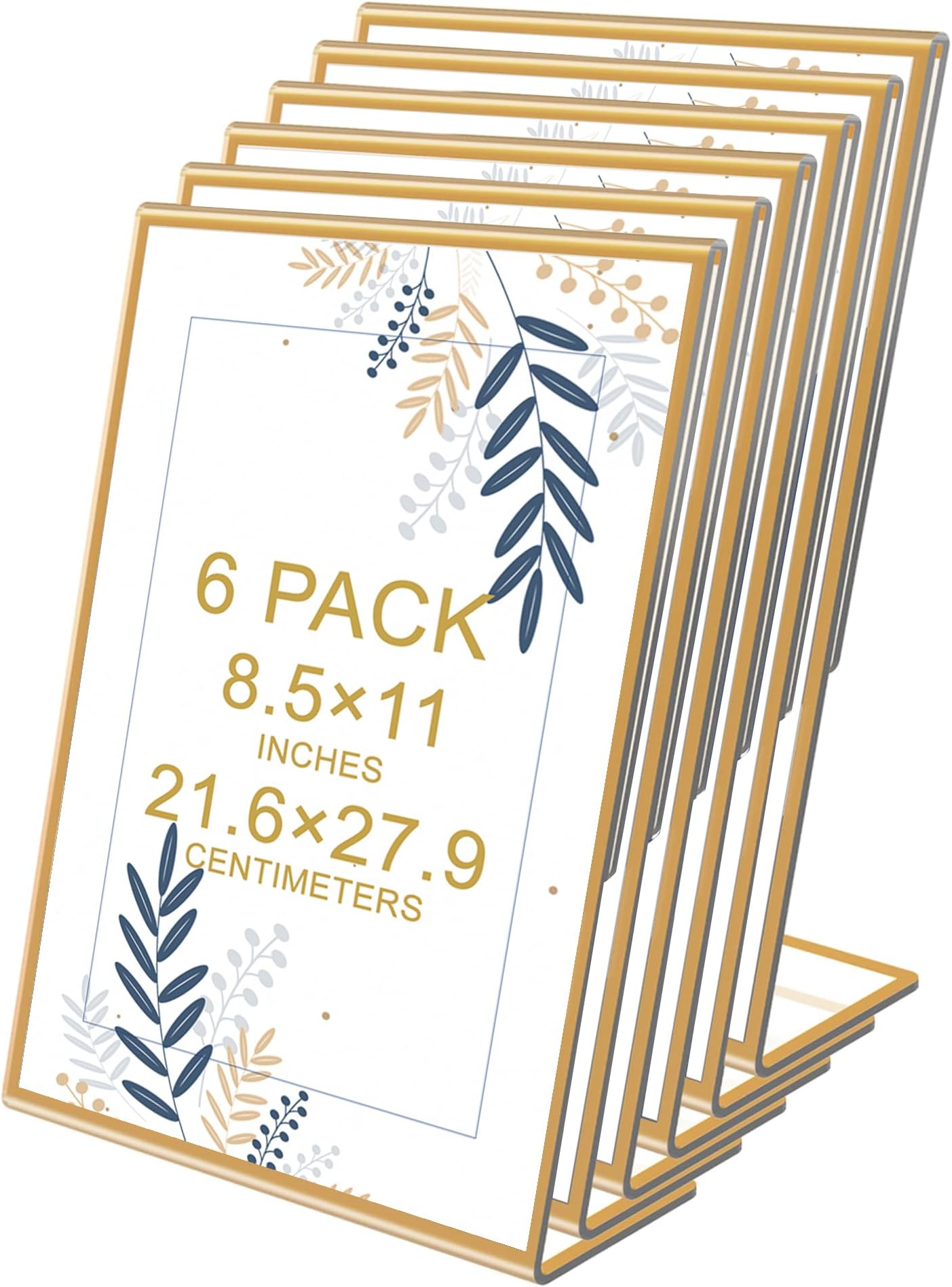 Acrylic Gold Frames Sign Holders - 6Pack 8.5x11'' Flyer Document Brochure Display Holders with Vertical Slant Back for Office Desktop - Plastic Table Menu Stands Plastic Paper Holders