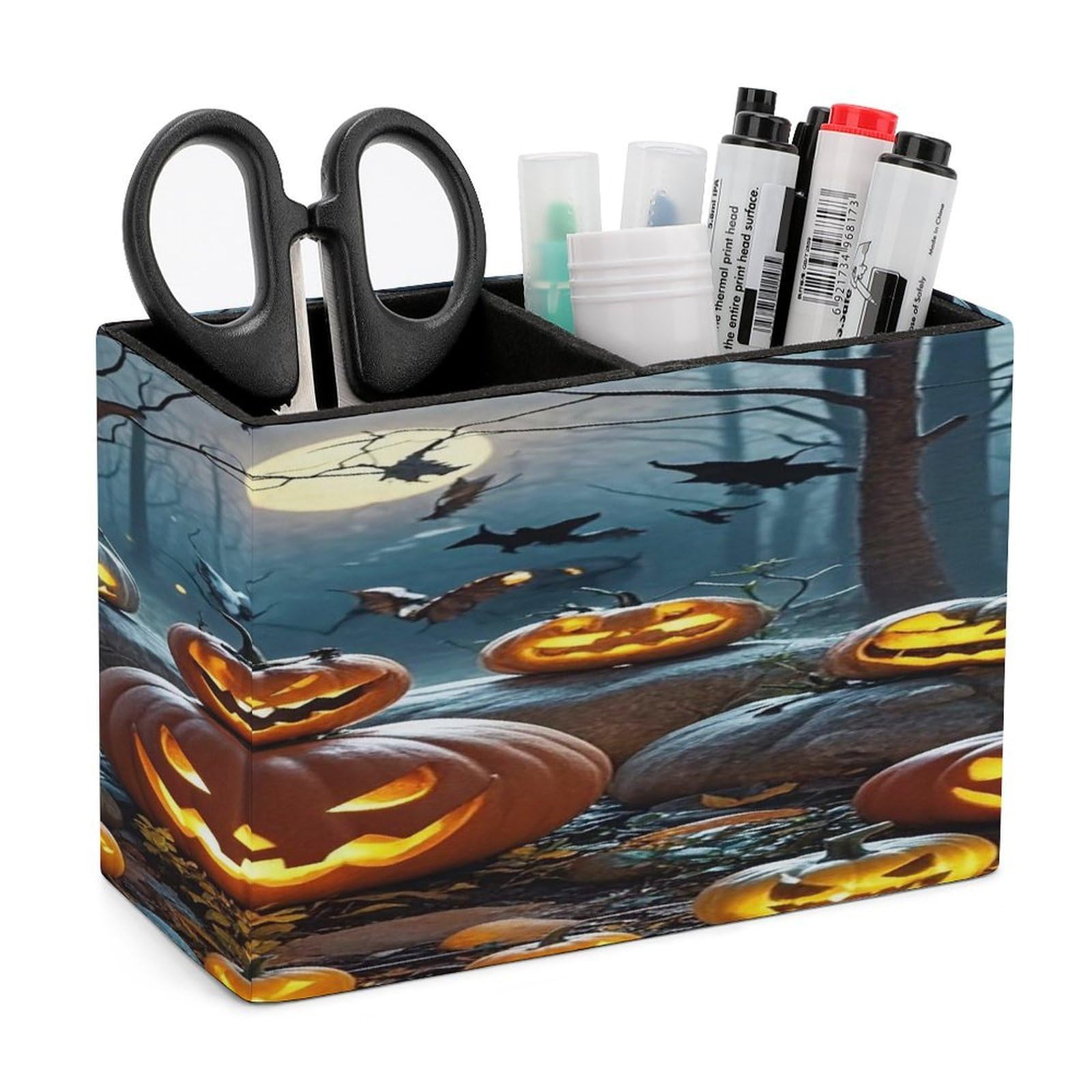 LZQPOEAS Terrifying Pumpkin in The Forest Leather Pen Holder with 2 Compartments Luxury Pencil Holder Minimalist Pencil Cup Brush Scissor Holders Elegant Pen Cup for Office Home Desk Accessories