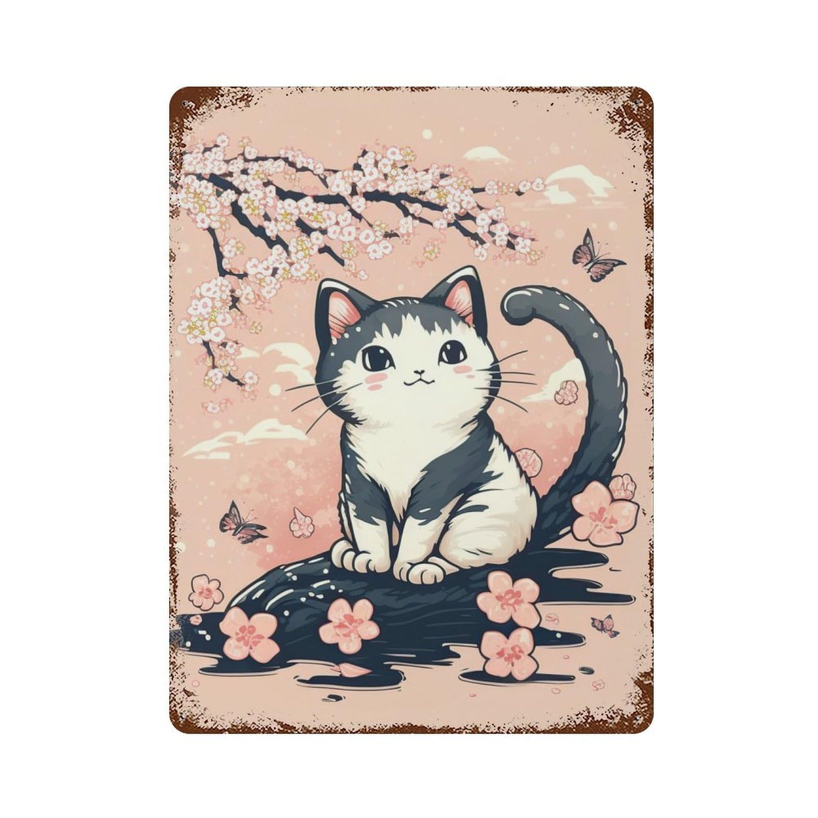 Cat Cherry Blossoms Vintage Rust Metal Sign 15.7"x11.8", Shabby Chic Decor for Garage, Pub Or Kitchen