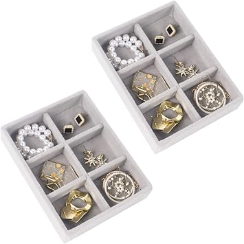 Nwvuop 2 Pack Jewellery Organiser Tray Stackable Velvet 6-Compartment Jewellery Trays Small Jewelry Drawer Organizer 4.92  3.74  1 inchesGrey