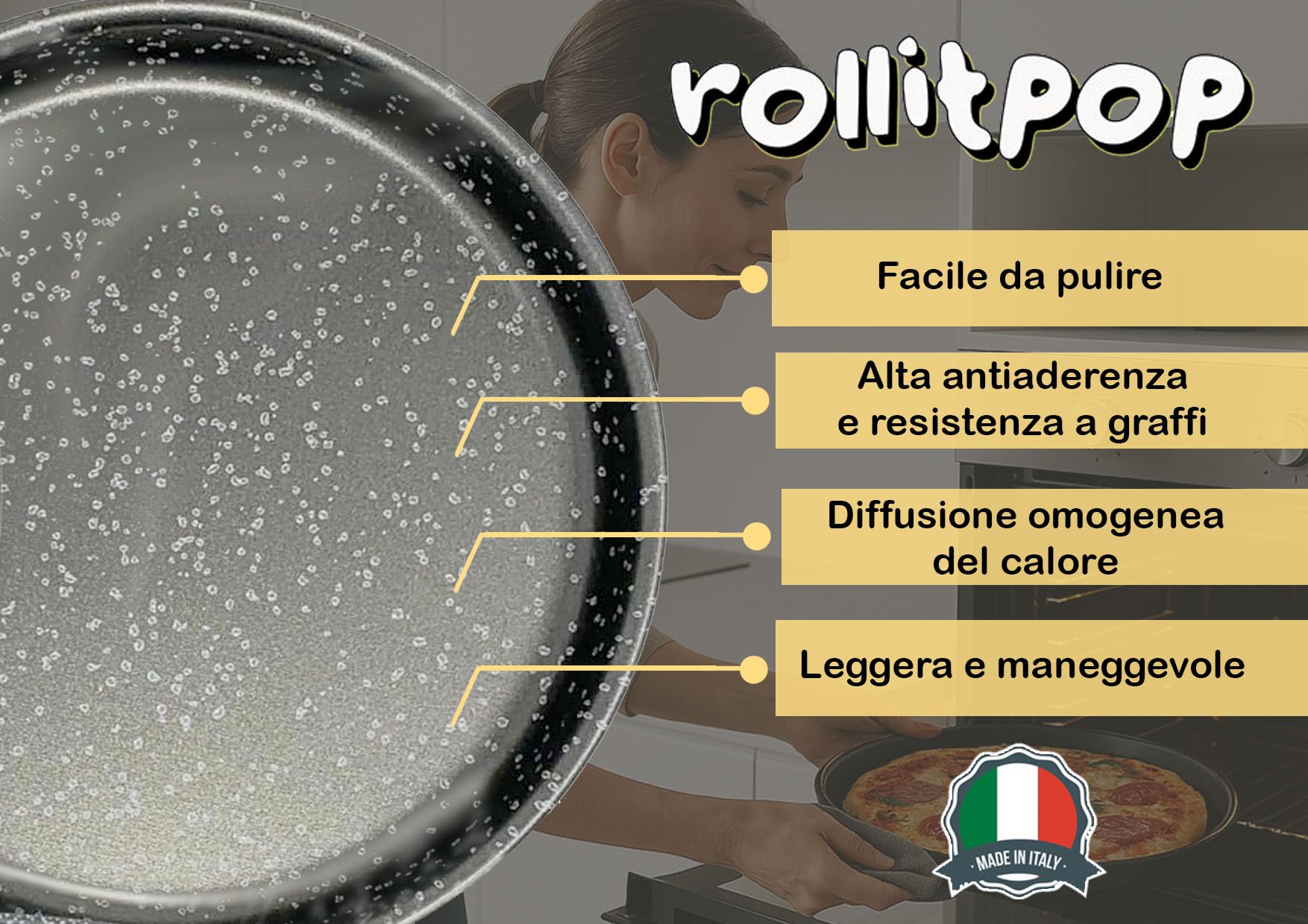 RollitPop Teglia Forno Rotonda Per Pizza e Farinata, 34 cm, Made in Italy, Rivestimento Alto Antiaderente, In Alluminio, Leggera E Facile Da Pulire, Effetto Pietra Linea Vulcania (2 Teglie)