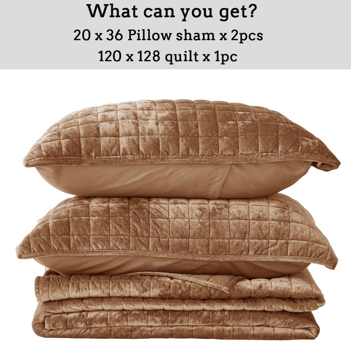 Quilt Set Oversized King Size 120x128 Luxurious Velvet Bedding Sets with 2 Pillow Shams 20x36 3 Pieces Ultra Soft Quilted Bedspread Coverlet Comforter for All Season,Caramel