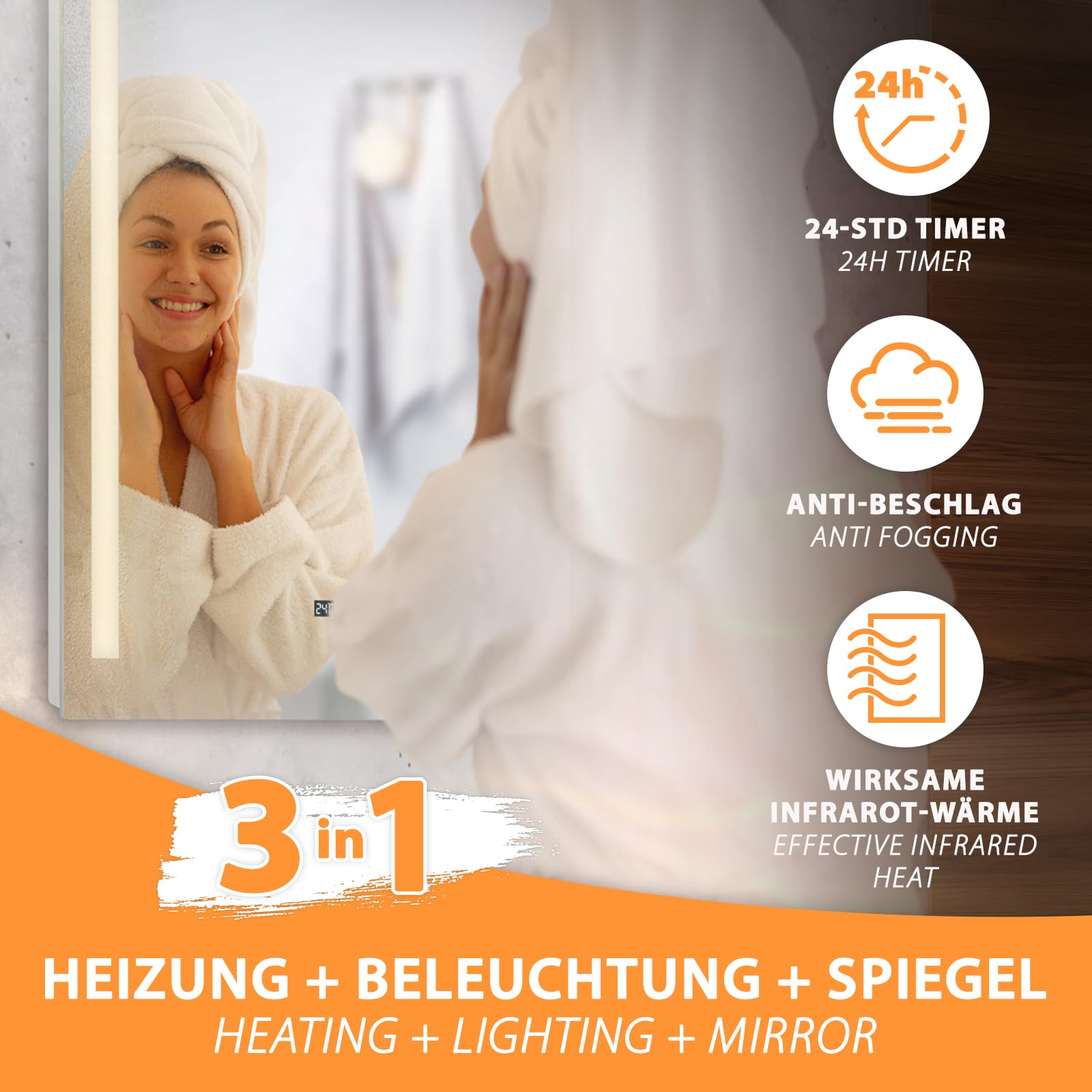 Infrarot Spiegelheizung Heizspiegel LM400-Pro 70x80cm 400W mit Beleuchtung, Tuya Smart App, Antibeschlag Spiegel optimal für Bad, Badezimmer