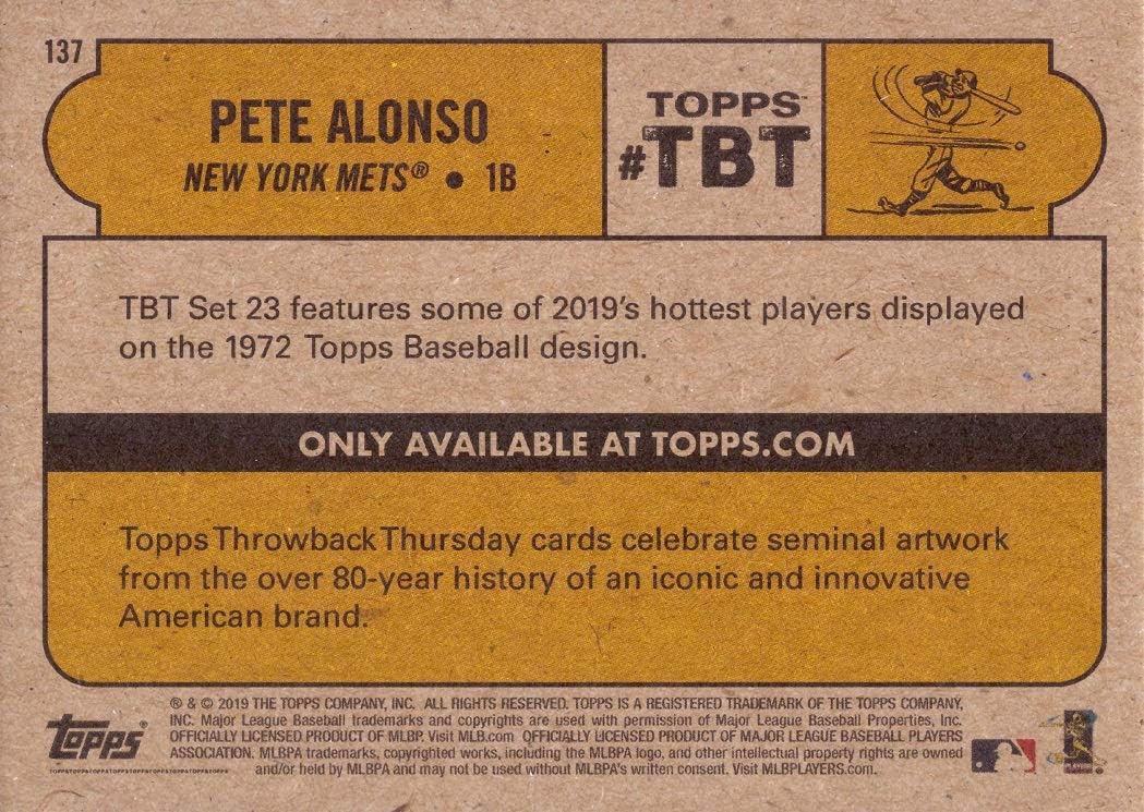 2019 Topps Throwback Thursday (TBT) Baseball #137 Pete Alonso Rookie Card - Only 1,031 made!
