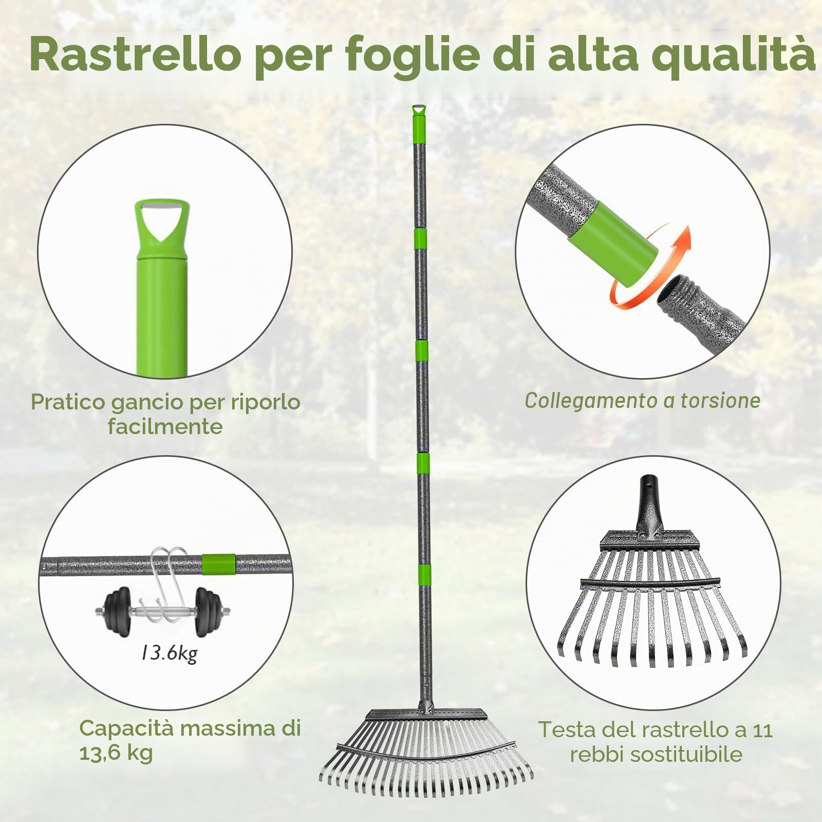 Rastrello Giardino, 25+11 Denti Rastrello per Foglie, Manico Regolabile 70-185 cm, Robustissimo per Giardino, Cortile, Terreno, Erbacce e Prato, Include 2 Paia di Guanti