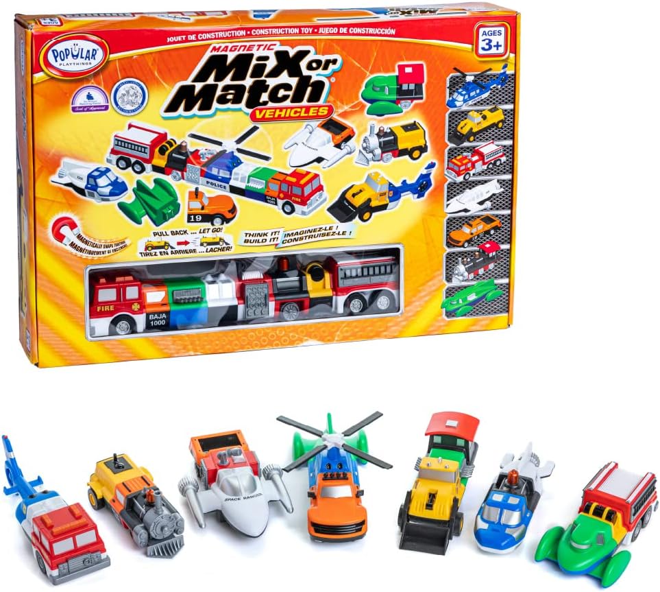 POPULAR PLAYTHINGS Magnetic Vehicles for Toddlers 1-3, Mix or Match Car Toys, 21 Piece Gift for Kids - Vehicles Orange