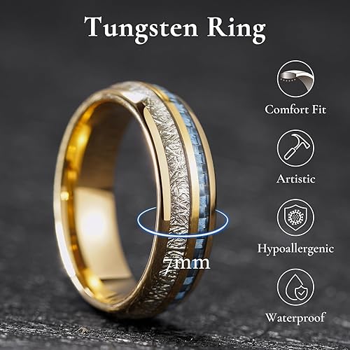 Miniatura 2 de King Will Anillos de tungsteno para hombre, meteorito, fibra de carbono, incrustaciones de madera, para hombre, boda, compromiso, cúpula, pulida